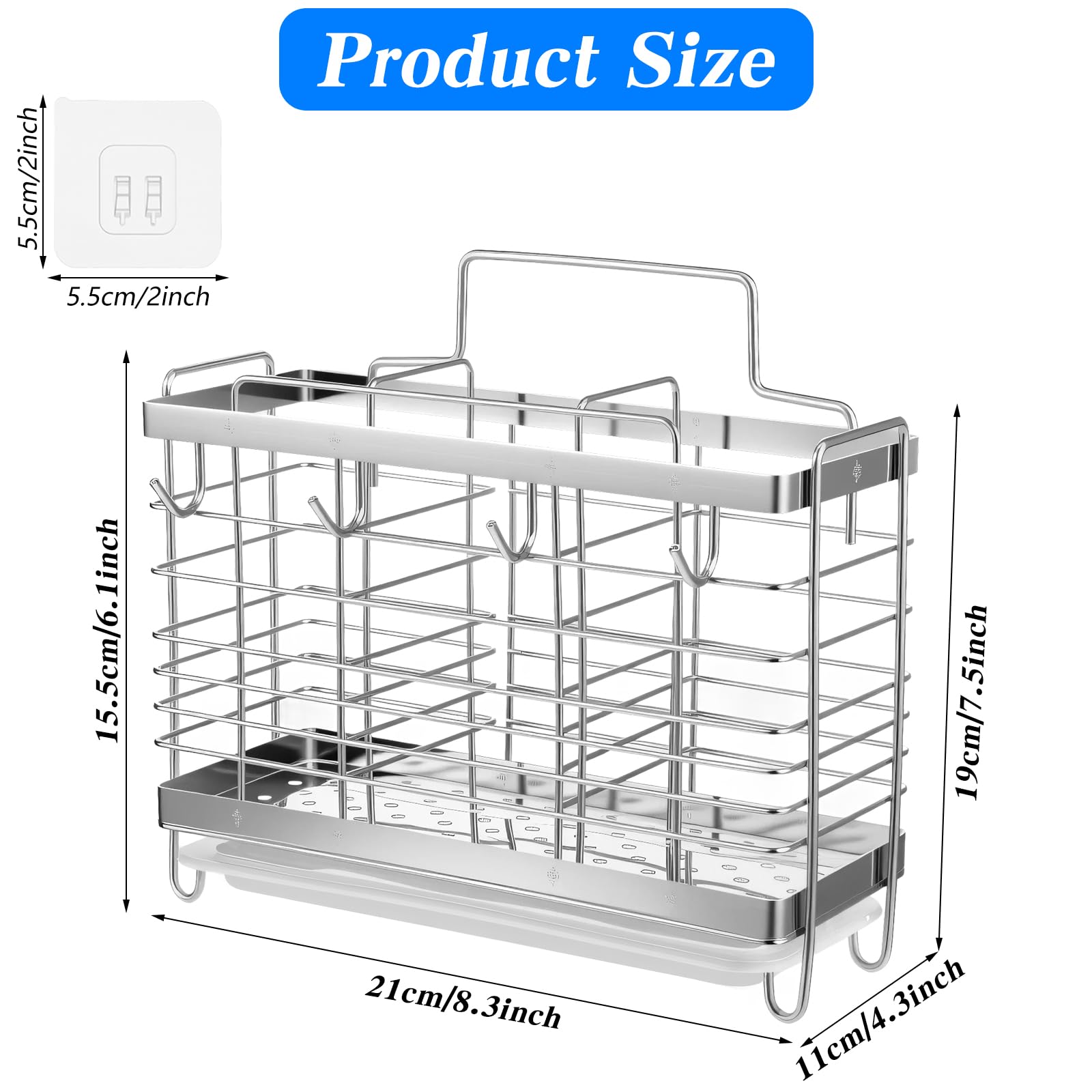 Limbeuuu Utensil Holder, Stainless Steel Utensil Drying Rack with Drain Tray, Kitchen Counter Drainer Basket Silverware Cutlery Flatware Holder Forks, Knives, Spoons, Chopsticks Organizer (Silver)