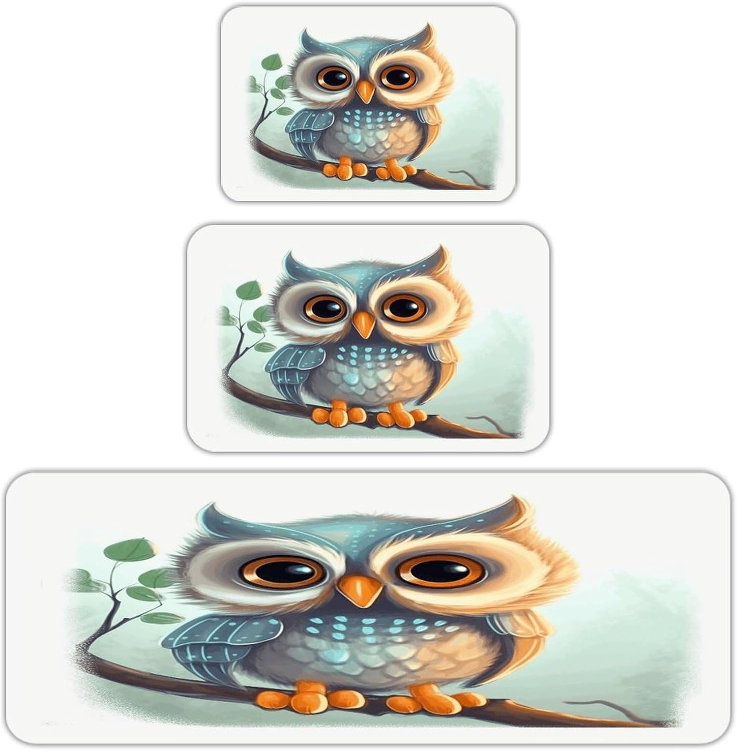 Cute Owl Kitchen Mats Soft Absorbent Rugs for Floor Non Slip Washable Kitchen Mats Fashion Rectangular Rugs for Three-Piece Set for Laundry Office Home Sink
