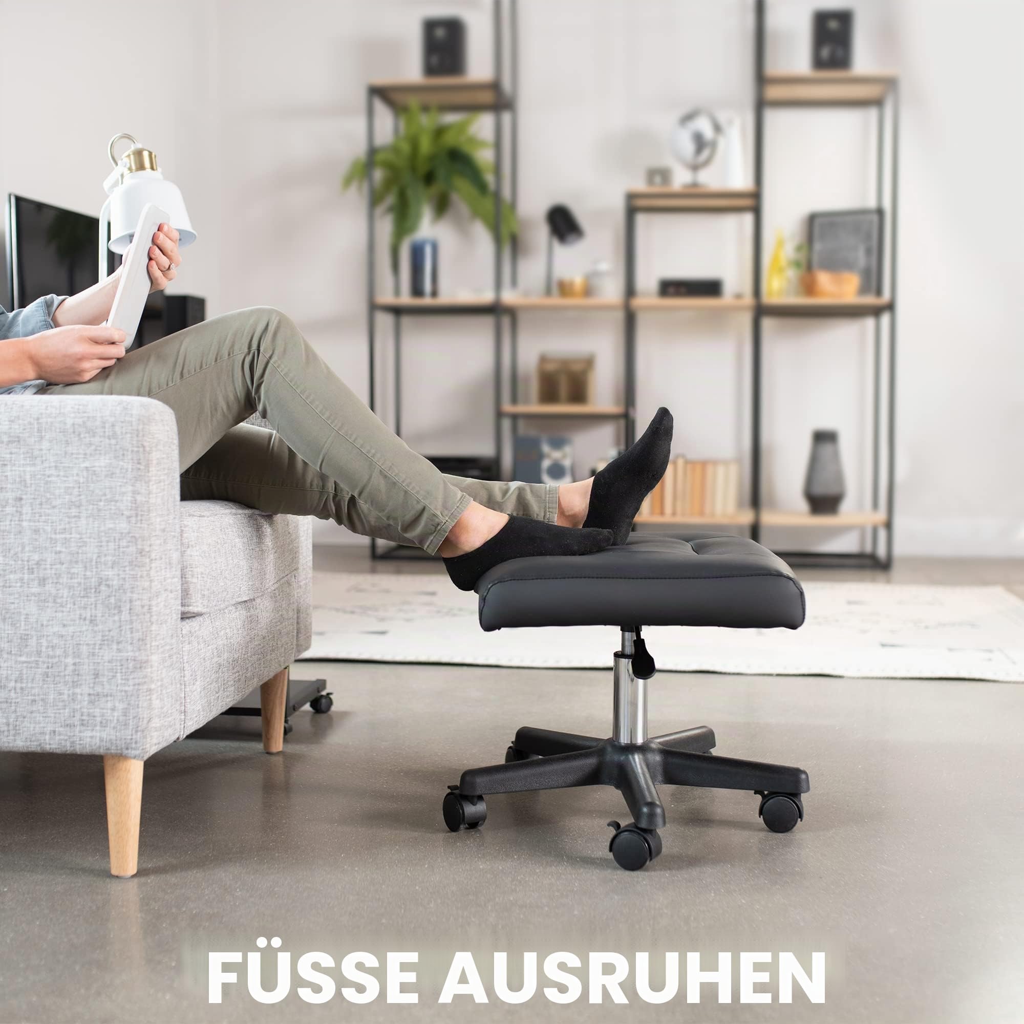 VIVO Mobile Fußstütze mit Rollen, Ergonomische Rollhocker Beinstütze für Arbeitskomfort, Höhenverstellbarer Computer-Schreibtischhocker mit dicker Polsterung, Bürositz, Schwarz, CHAIR-S04F | Roll-Ottomane, pneumatische Höhenverstellung, gepolsterter Fußho