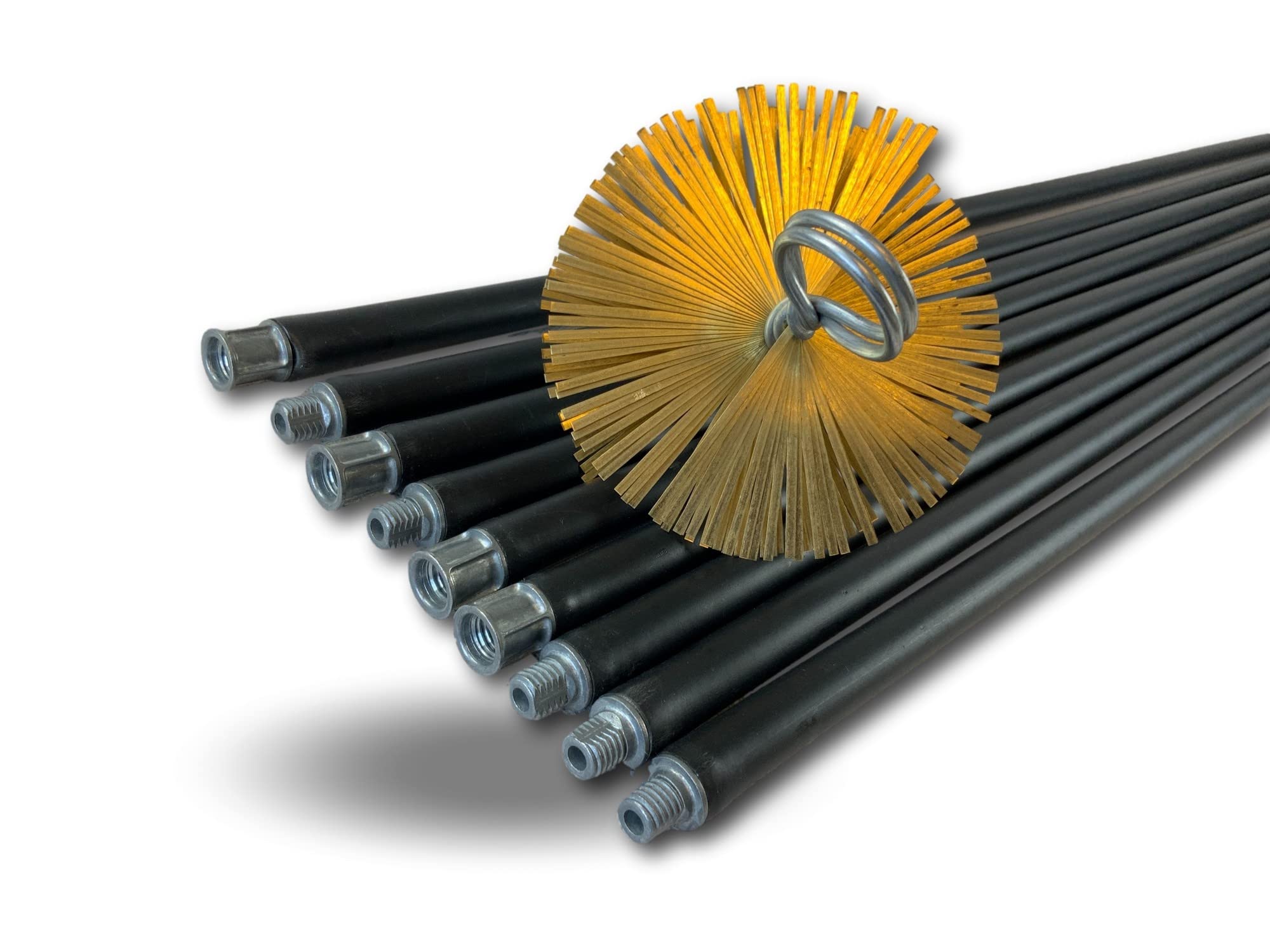 Kit clásico de limpieza para conductos no revestidos | Cepillo de acero plano | Ø 150 mm | 9 * 1,4 m | 9 varillas negras Ø 17 mm huecas | Chimeneas | Kibros 4KIT150ALO