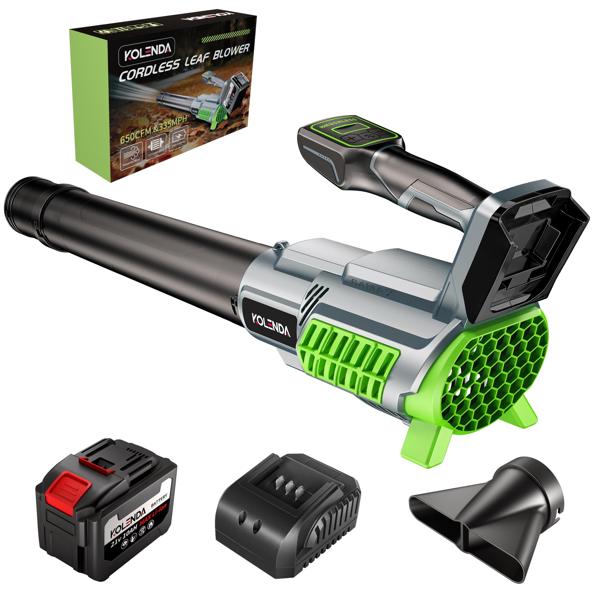 Soplador de hojas inalámbrico, potencia de 650 CFM y 335 MPH, ultraligero y portátil, 5 velocidades ajustables, con batería de 21 V y 10 Ah para césped, patio, hojas de polvo y eliminación de