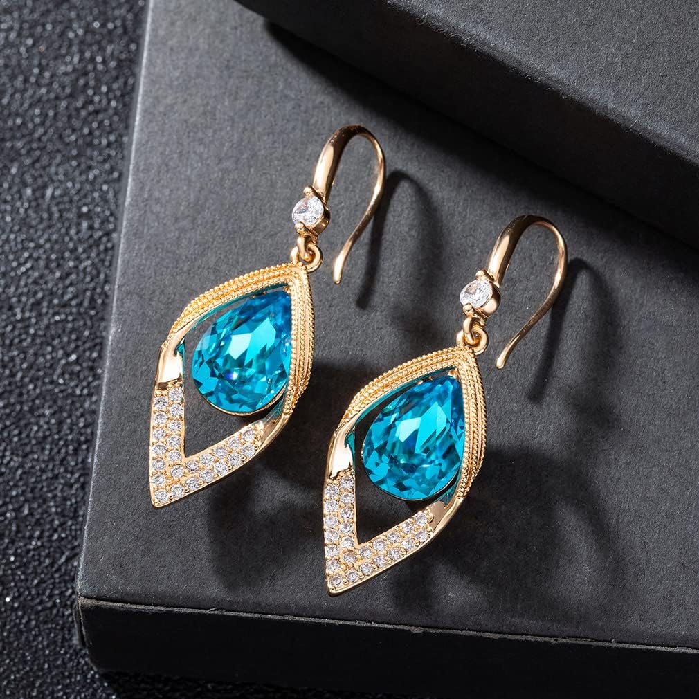 Austrian Crystal Teardrop Hollow Leaf Drop Dangle Earrings for Women 14K Rose Gold Plated Hypoallergenic Jewelry - Image 3