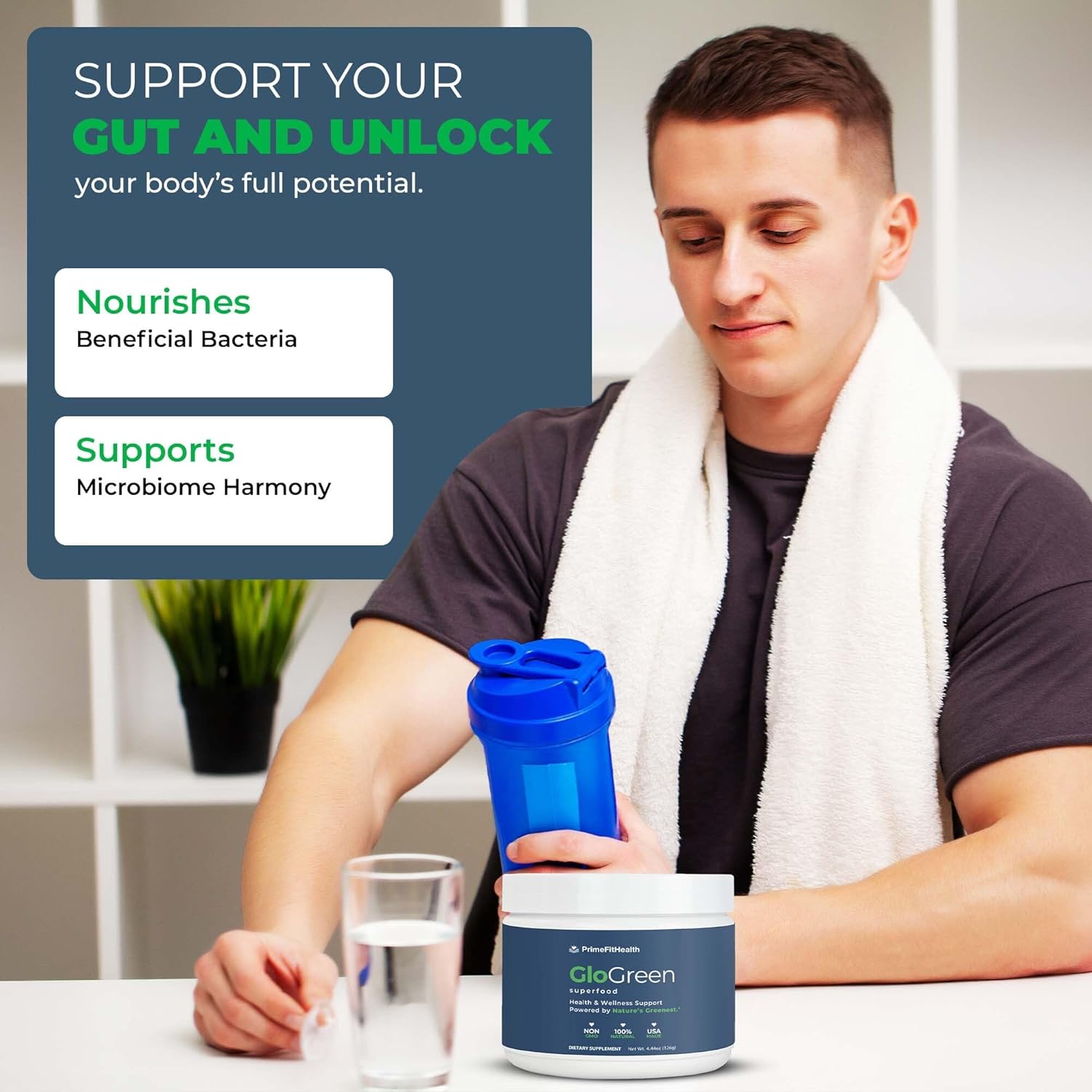 GloGreen Superfood Powder – Plant-Based Daily Greens Powder with Barley Grass, Spirulina, Broccoli, Green Tea | Supports Gut Health, Digestion, Detox, Energy, Immunity & Metabolism | 30 Servings
