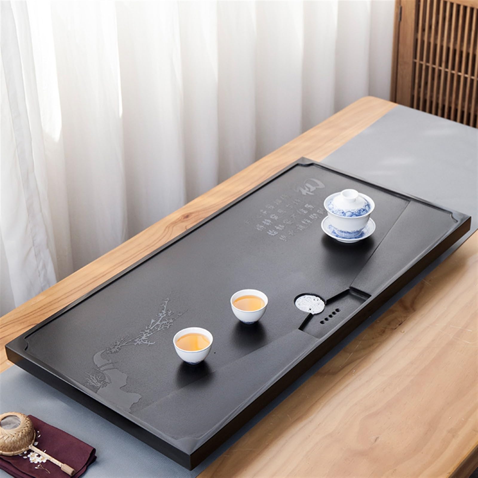 Juego de bandejas de té de ébano natural para té de Kung Fu con bandejas de servir, mesa de té grande y pequeña para el hogar, diseño simple (50 x 30 x 3 cm)