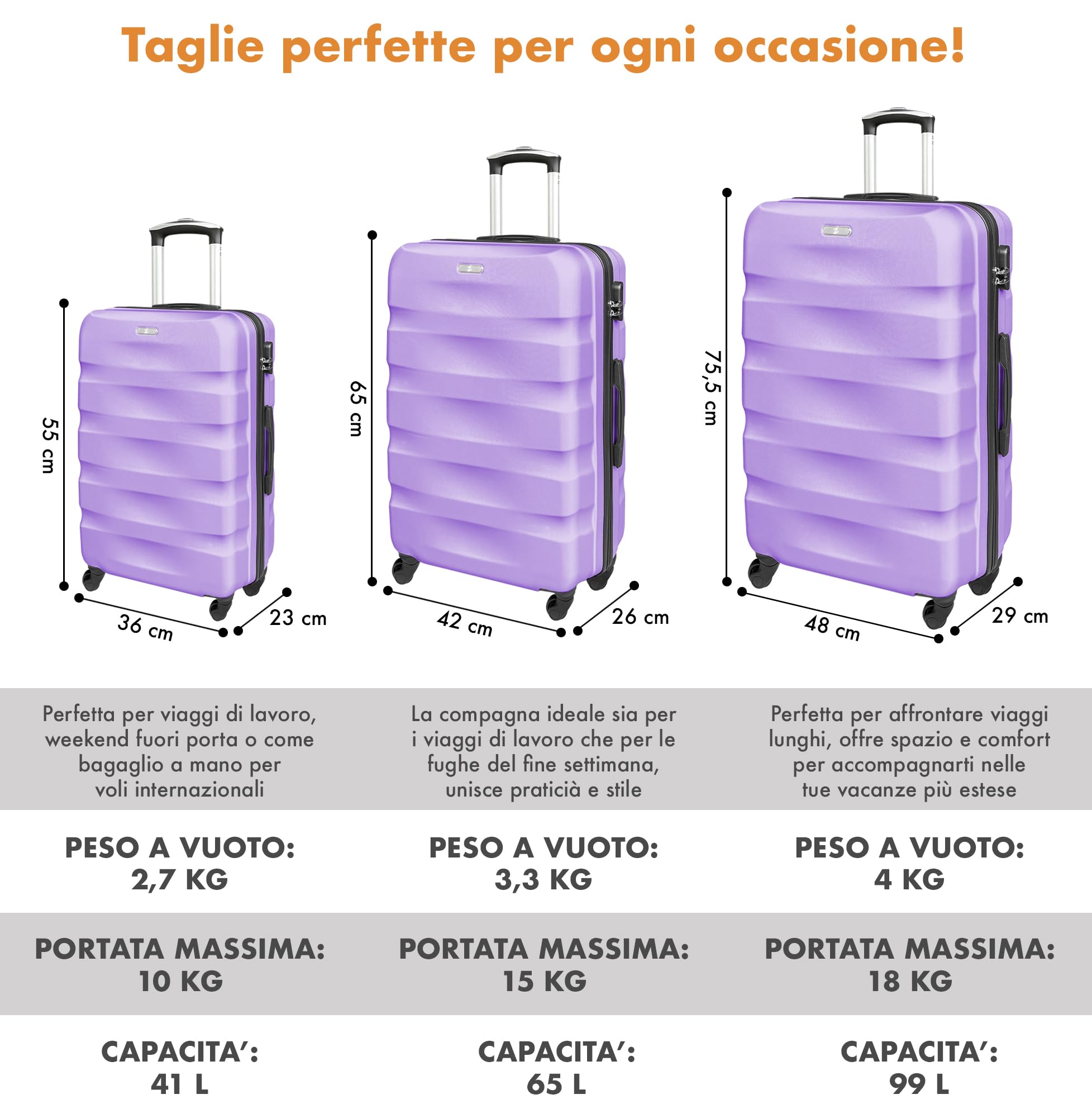 Set Di 3 Valigie Rigide ABS Valigia Da Viaggio Con Chiusura Lucchetto Combinazione Grande Media Piccola Forti Resistenti Manico Telescopico Trolley Borsa Vacanze Set Viaggio Treno Aereo Auto - Lilla