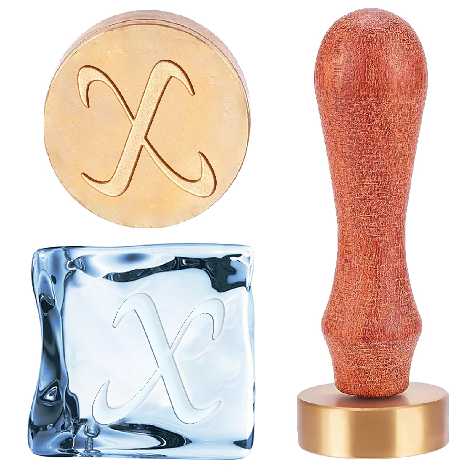 Tampon à glace lettre X en laiton avec poignée amovible et pochette velours