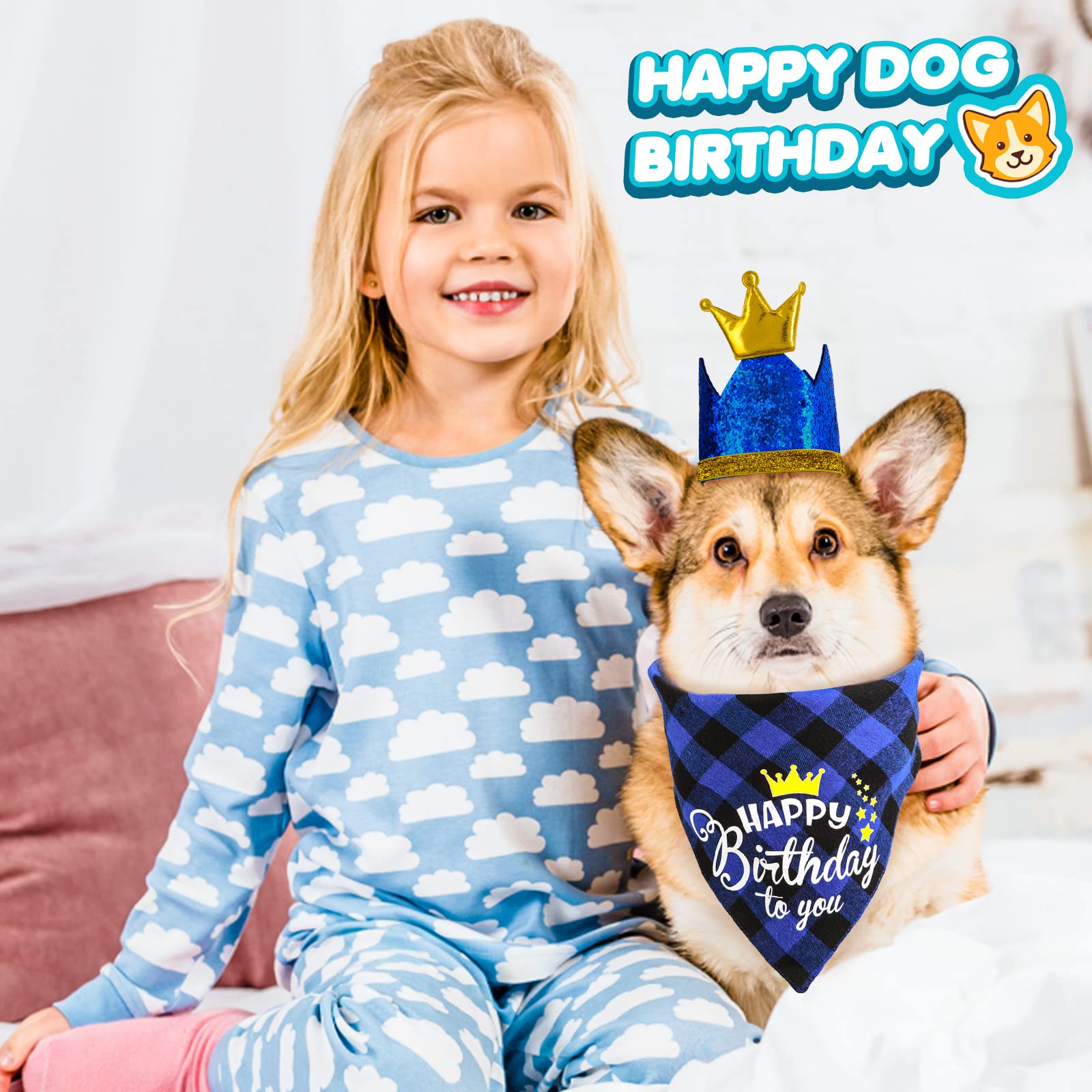 Cobee Urodzinowa bandana dla psa zestaw muszki, 3 sztuki artykuły na przyjęcie urodzinowe dla psa w kratę bandana błyszcząca korona czapka brokatowa muszka obroża dla małych średnich psów