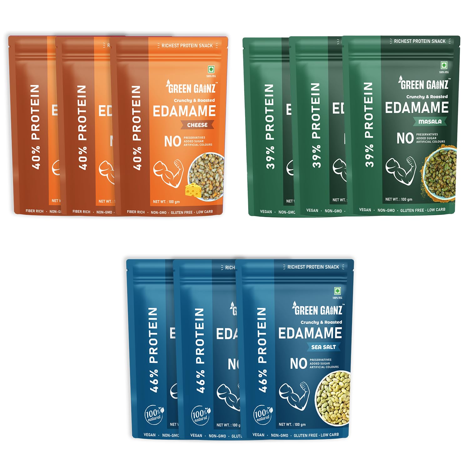 Green GainzGreen Gainz Roasted Edamame Assorted (Sea Salt, Masala,Cheese) (9 packs - 100gm Each) | 100% Veg High Protein Snack | No Added Sugar | Non-GMO | Rich in Fiber | No Gluten