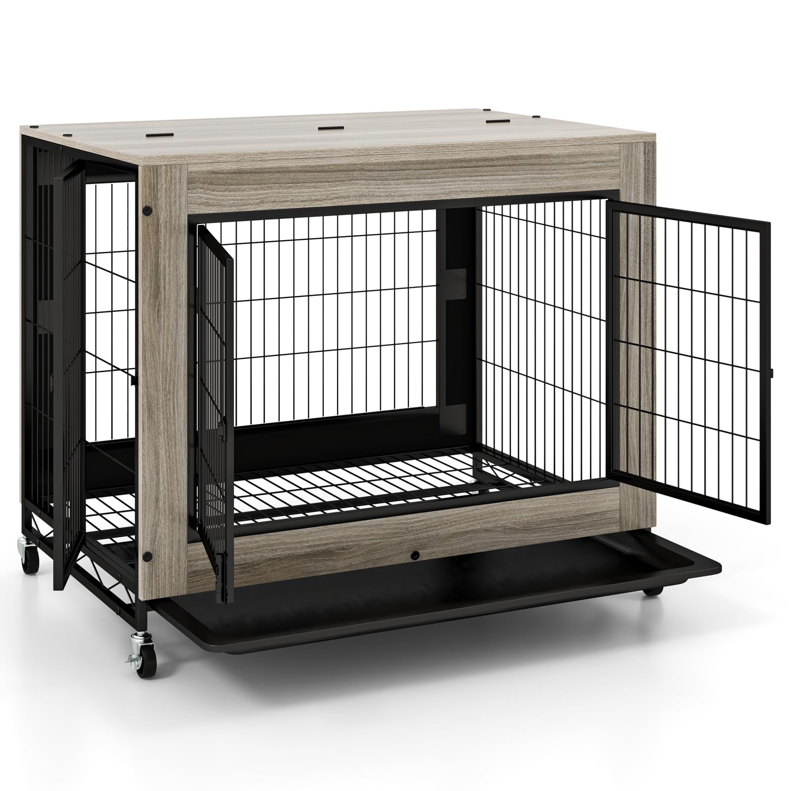COSTWAY Dog Crate Furniture, Wooden Dog Kennel Side Table with Flip-up Top, 3 Lockable Doors and Removable Tray, Indoor Pet Cage House for Small to Large Sized Dogs (Oak Gray)