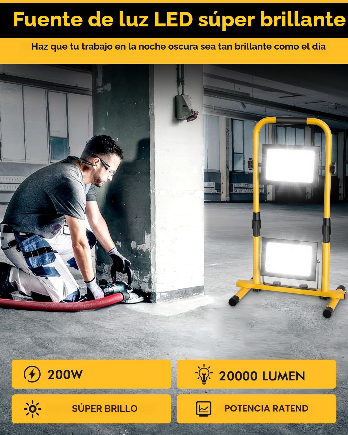 Foco de Trabajo LED 200W, 20000LM Foco de Luz Portatil con Soporte Telescópico, Foco Obra IP66 Impermeable con Cable de 9,8 Pies y Interruptor para Talleres, Garajes, Obras, 6500K Luz Blanca