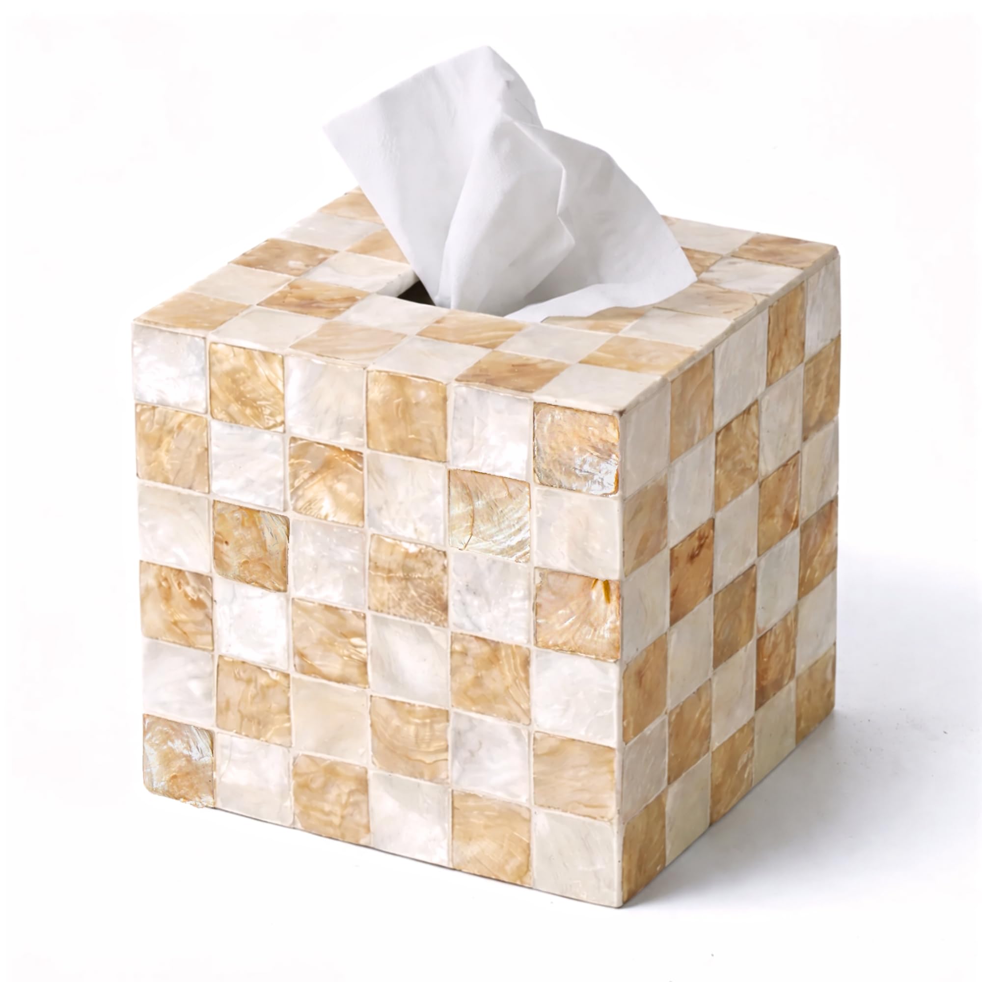 Photo 1 of CHI AN HOME 5.5” Square Tissue Box Cover, Capiz Shells Cube Tissue Box Holder with Bottom Slider, Checkered Tissue Box Cover Mother of Pearl Decorative Tissue Holder for Bathroom Vanity, Office, Ivory