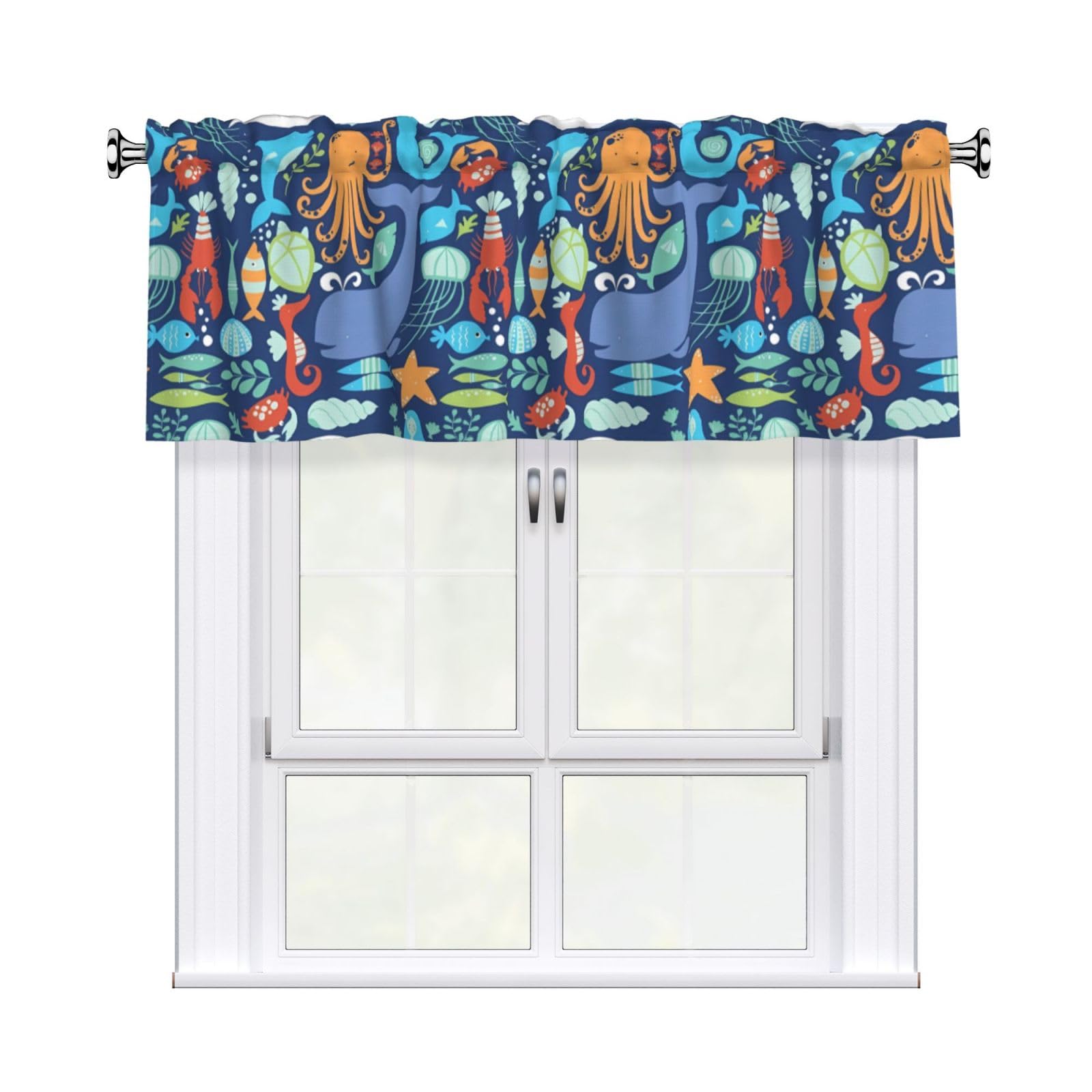 WHJSHOP Ocean whale fish octopus Prints Curtain Valance 54x18 Inch - Peach Skin Window Layer with Delicate Print, Filtered Light for Kitchen Use
