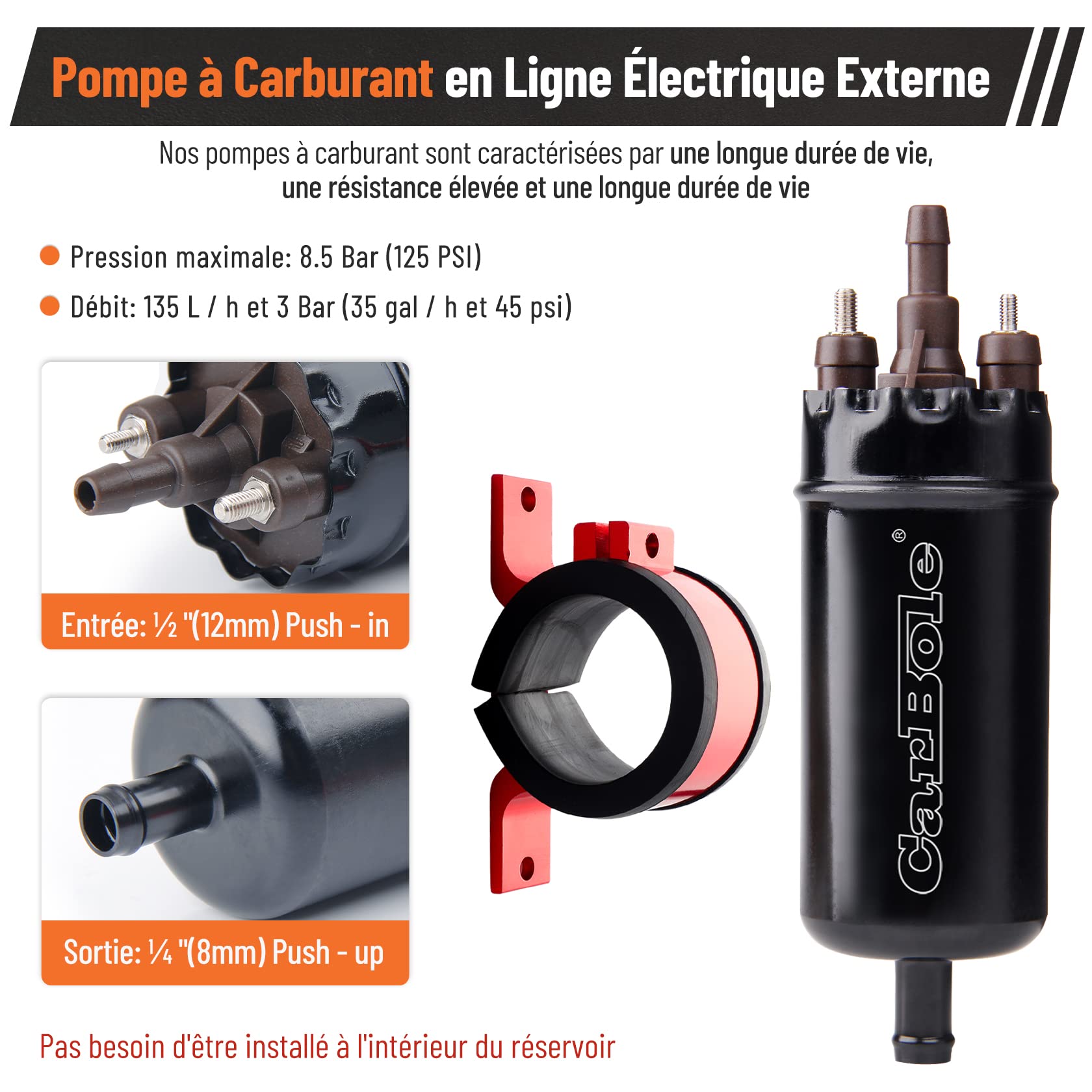 CarBole 12V Pompe à Essence Haute Pression 125 PSI, 250 BHP, Noir | Avec Siège Amortisseur, Pompe à Essence Haute Pression Pour Essence, Diesel, Remplacement de Plusieurs Numéros de Pièces