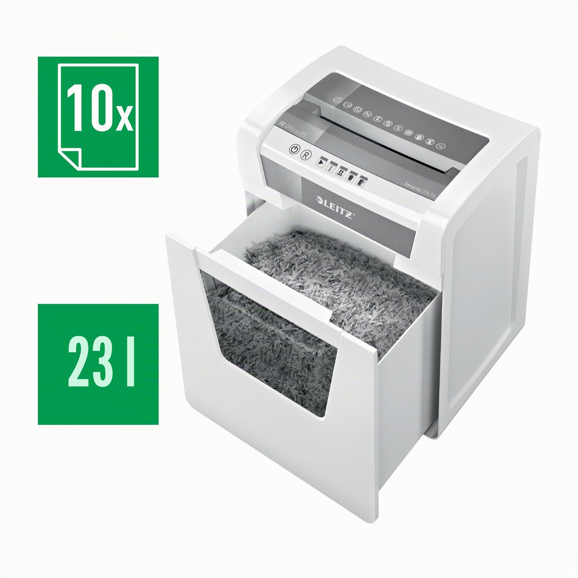 Leitz IQ, Distruggidocumenti Office P5, 10 fogli A4, Taglio micro, Sicurezza P5, Capacità 23 litri, Tecnologia anti-inceppamento, Tecnologia Touch-Control, 80020000