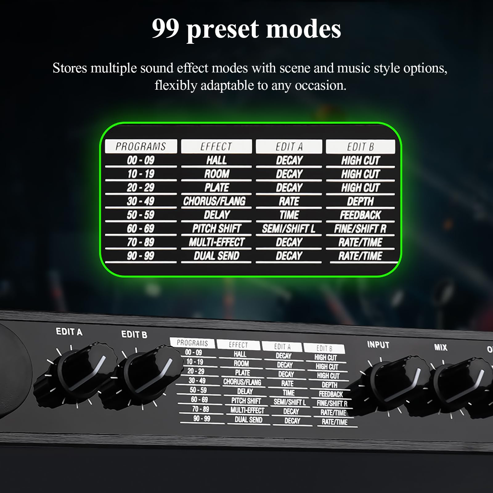 Ecualizador De Procesador De Audio, Procesador DSP De Reverberación Digital, Procesamiento De Señal Programable De 24 bits, 99 Programas Preestablecidos, Memoria para 199 Efectos De Sonido