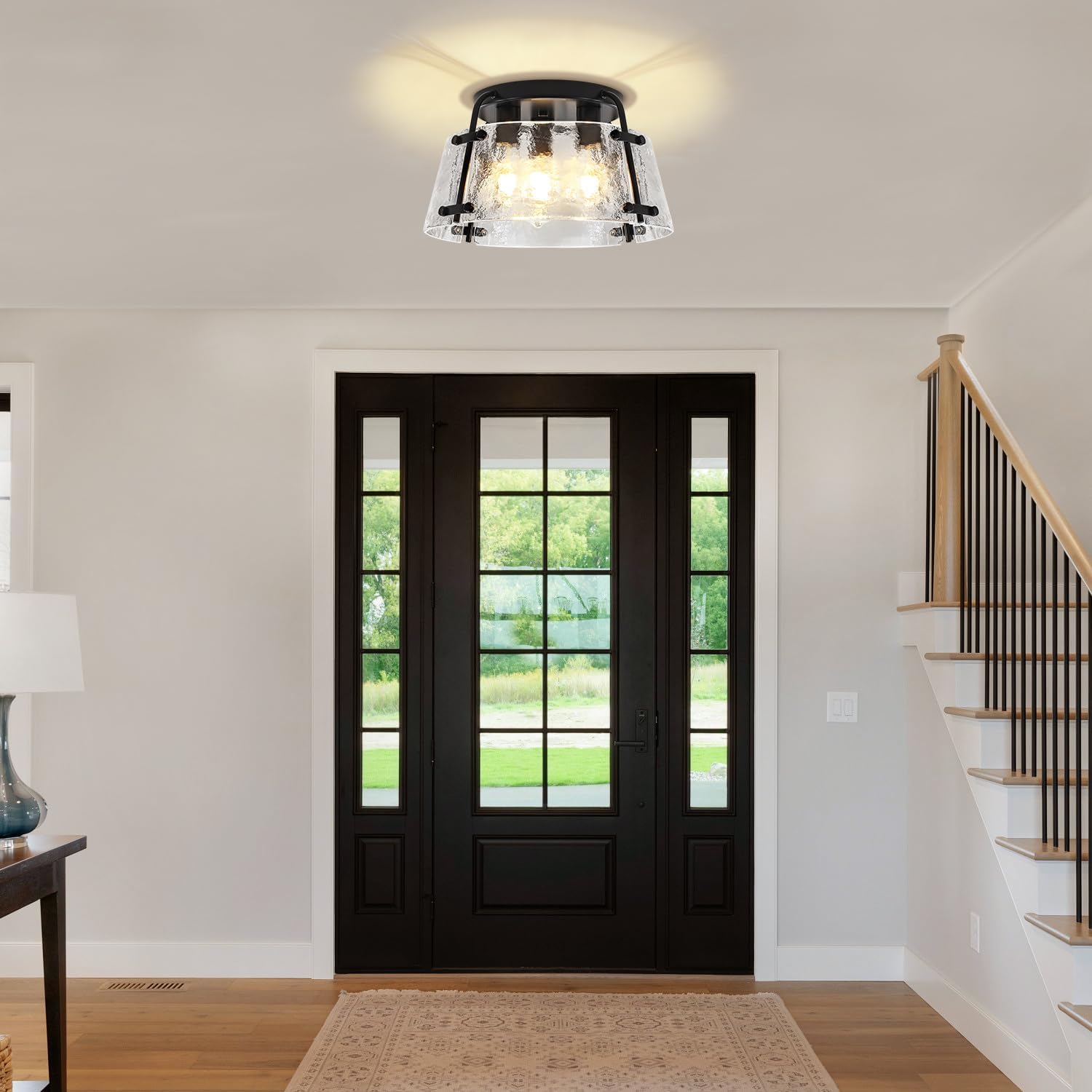 Black Semi Flush Mount Ceiling Light Fixture, 3-Light Modern Hammered Glass Kitchen Ceiling Lighting Fixtures Hallway Lights for Kitchen Island Dining Room Entryway Bedroom Bathroom