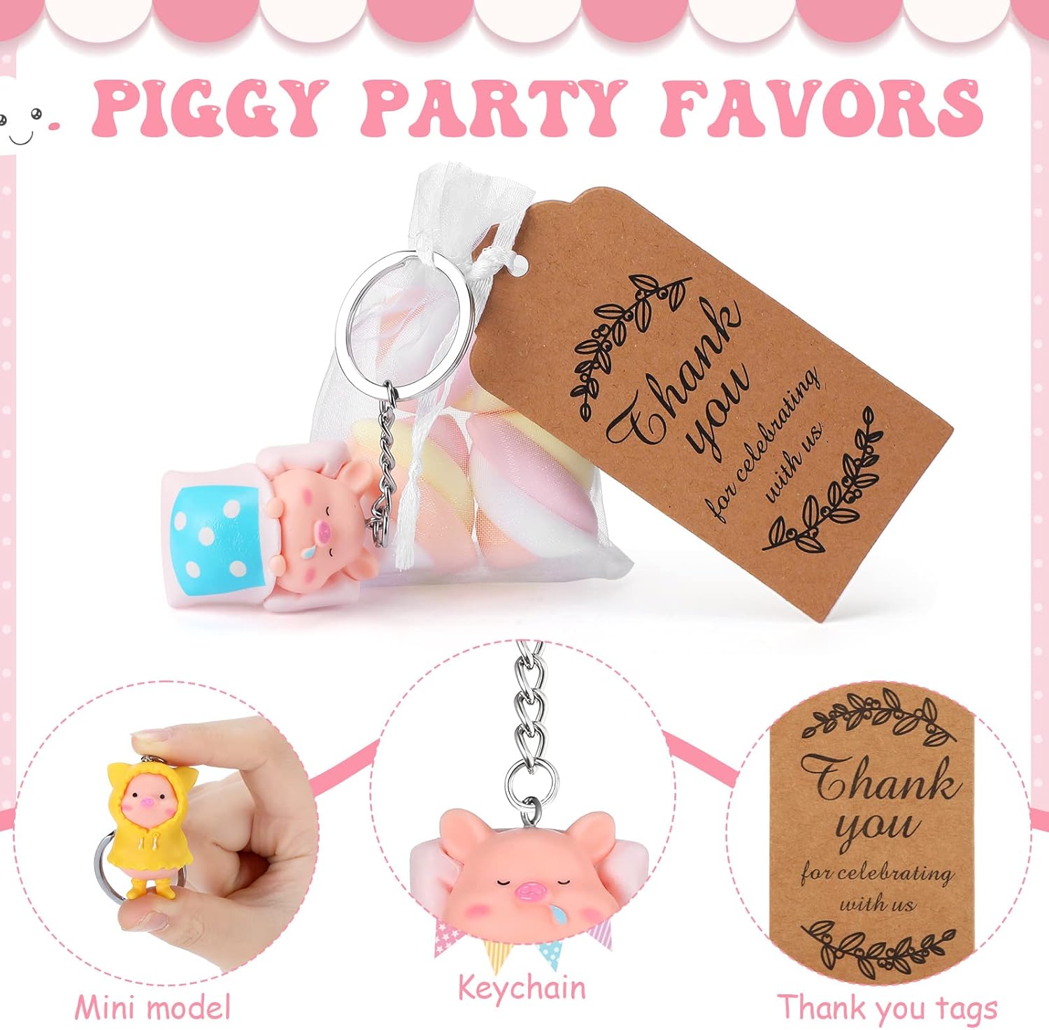 Inbagi 39 Pack Pig Party Favors with Pink Pig Keychains, Thanks Tags and Organza Gift Bags for Animal Themed Birthday Party Decorations, Piggy Baby Shower