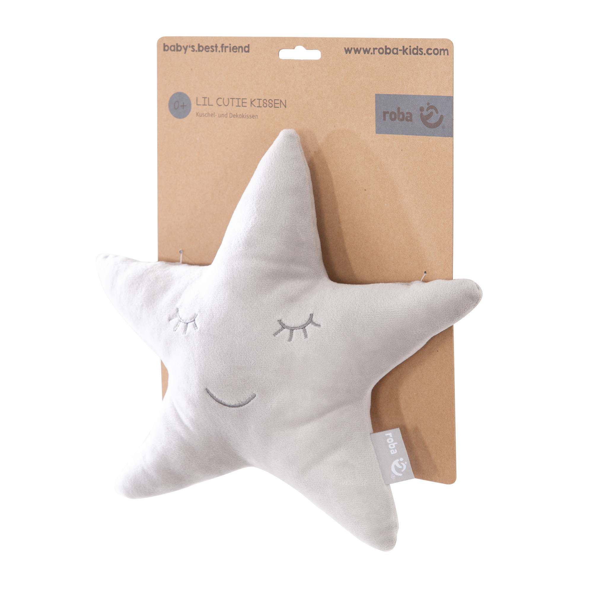roba Coussin Décoratif pour Chambre d'Enfant en Forme d'Étoile roba Style - 32 x 28 cm - Oreiller Bébé en Peluche - Visage Souriant Brodé - Gris Argenté