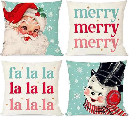 Juego de 4 fundas de almohada vintage de Navidad de 20 x 20 pulgadas, diseño de muñeco de nieve de Papá Noel, muñeco de nieve, decoraciones
