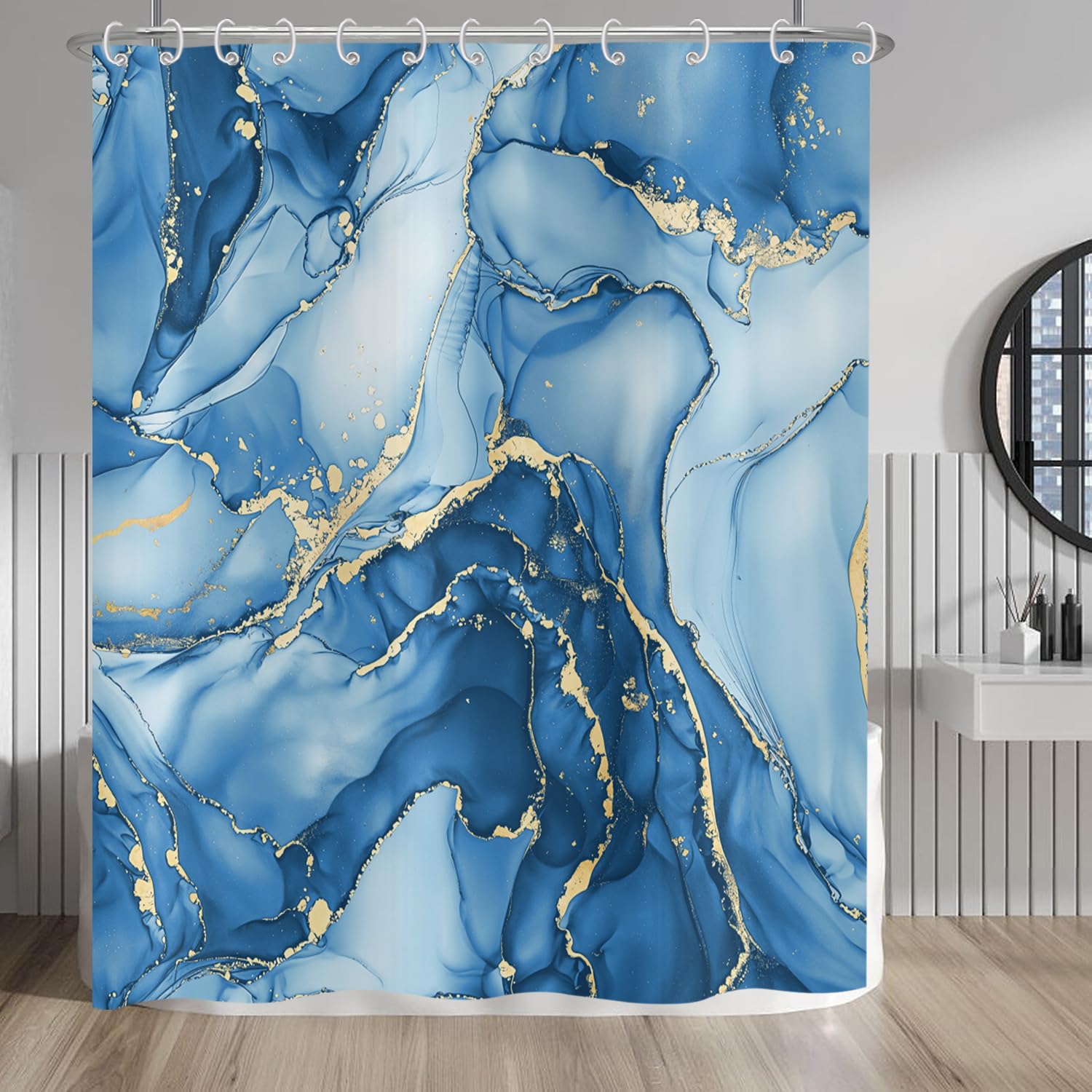 Hnmdmyi Marble Shower Curtain 150x180, Blue Gold Abstract Marble Bathroom Curtains Luxury Modern Aesthetic Art Ink Texture Waterproof Polyester Fabric Washable Bath Curtains with Hooks
