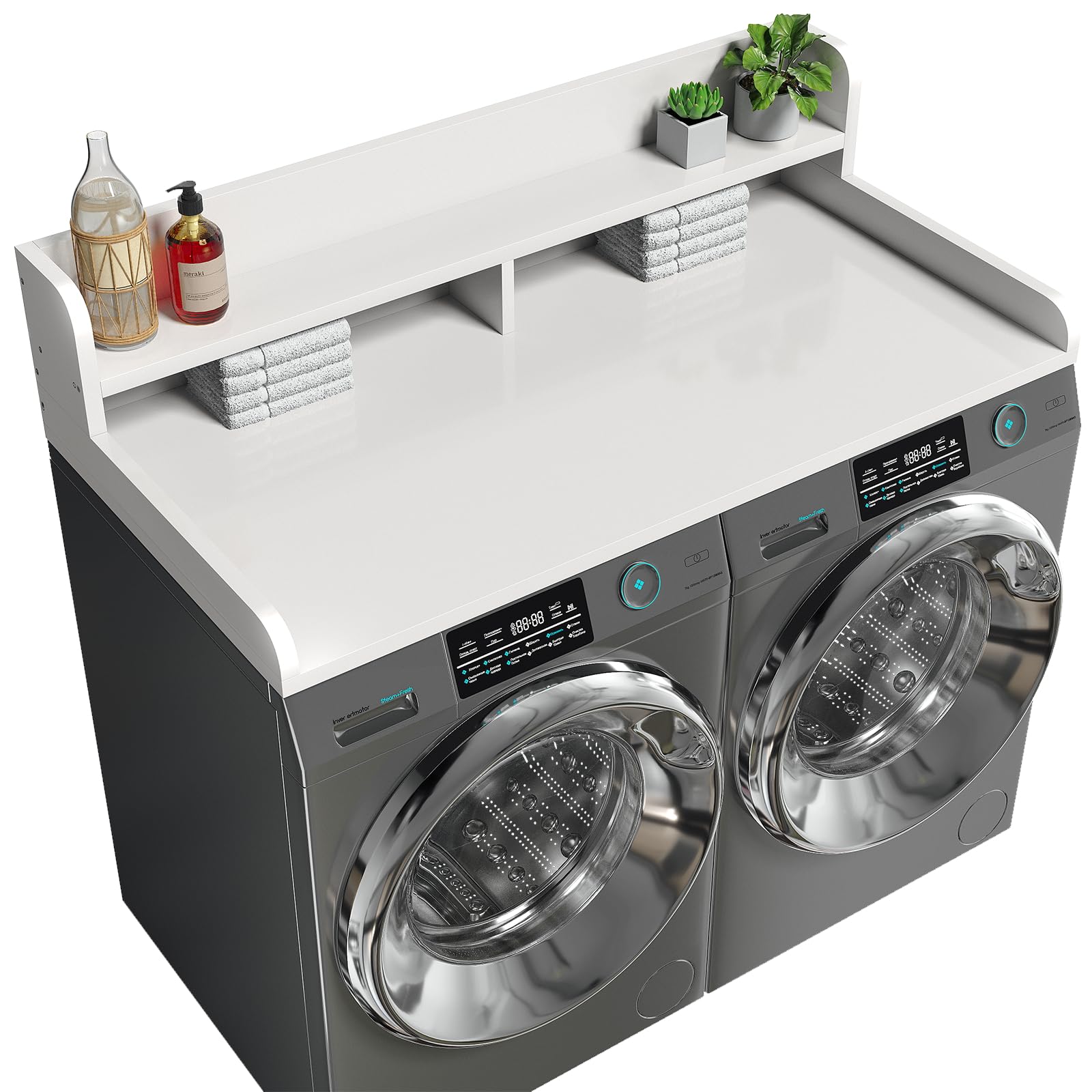 Photo 1 of ***MISSING PIECE***
Corbyles 2-Tier Washer Dryer Countertop with 2.75"H Edge Rails, 54" W x 27.55" D Laundry Countertop for Folding Clothes, Washer and Dryer Topper with Non-Slip Pad (White)
