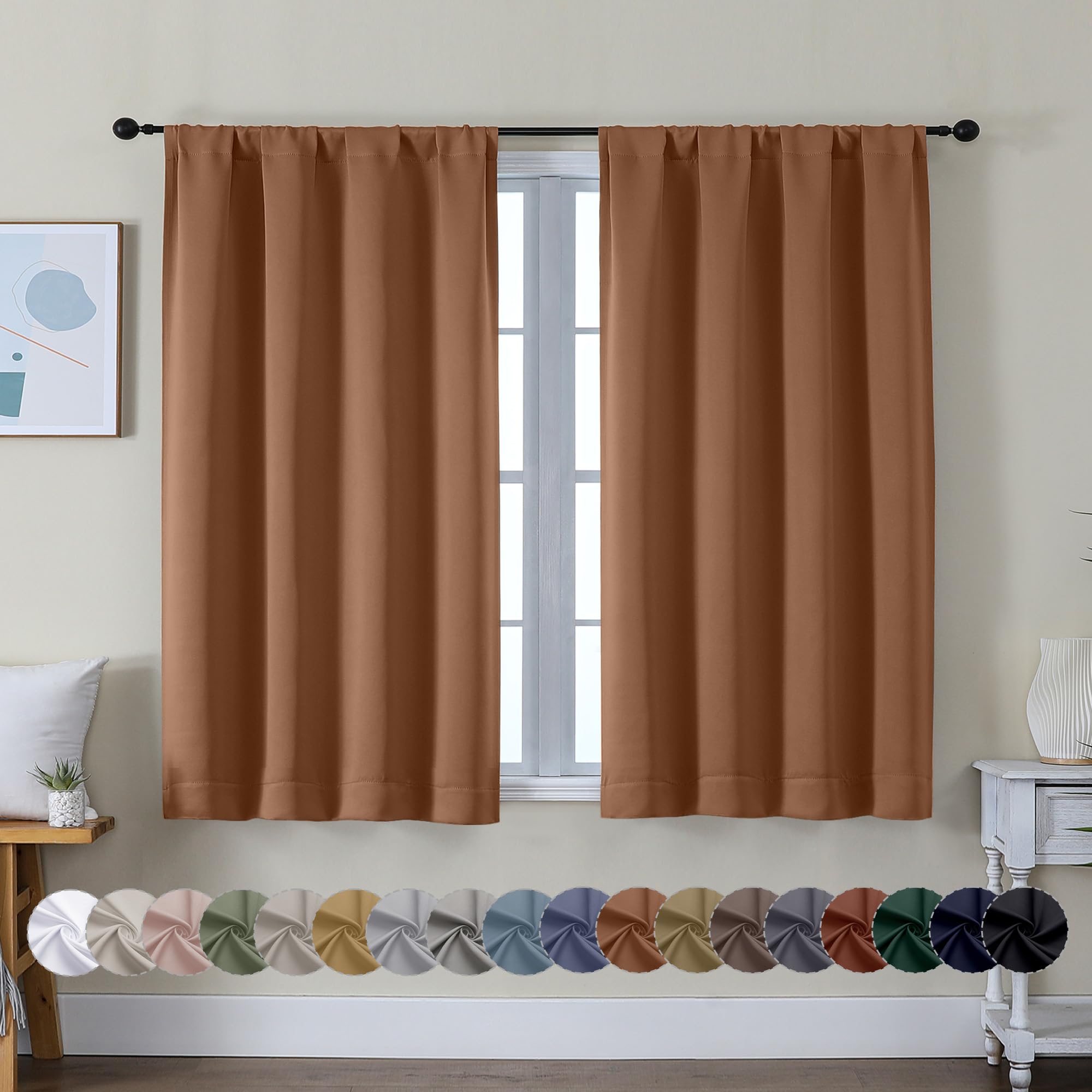 Simplebrand Ava Sun Baked Short Blackout Curtains for Bedroom 45 Inches Long 2 Panels Set, Solid Thermal Insulated, Energy Saving Window Treatment