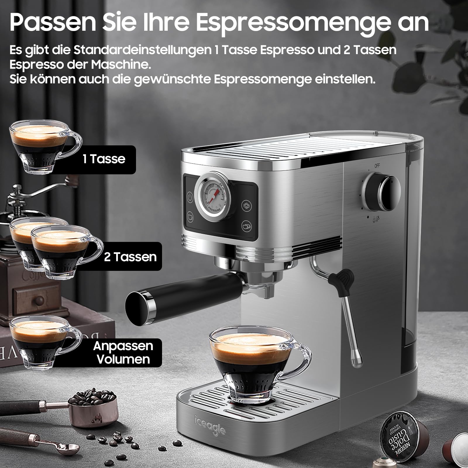 iceagle Espresso Siebträgermaschine 20-Bar Italienischer Pumpe | 1350W Espressomaschine Edelstahl mit Milchaufschäumer, Kaffeemaschine für Cappuccinoo, Touchscreen mit Druckanzeige, 1.3L Wassertank