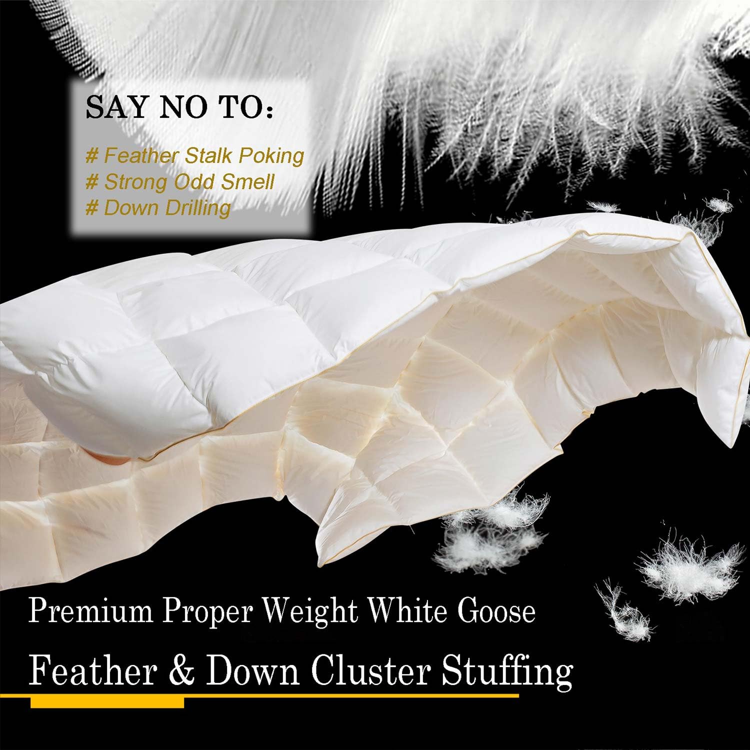 WhatsBedding Fluffy White Goose Feather Down Comforter Twin Size, All Season Down Duvet Insert Luxury Hotel Collection 750 FP, Ultra Soft Organic Silky Cotton Fabric, 4 Corner Loops, 90x68 in