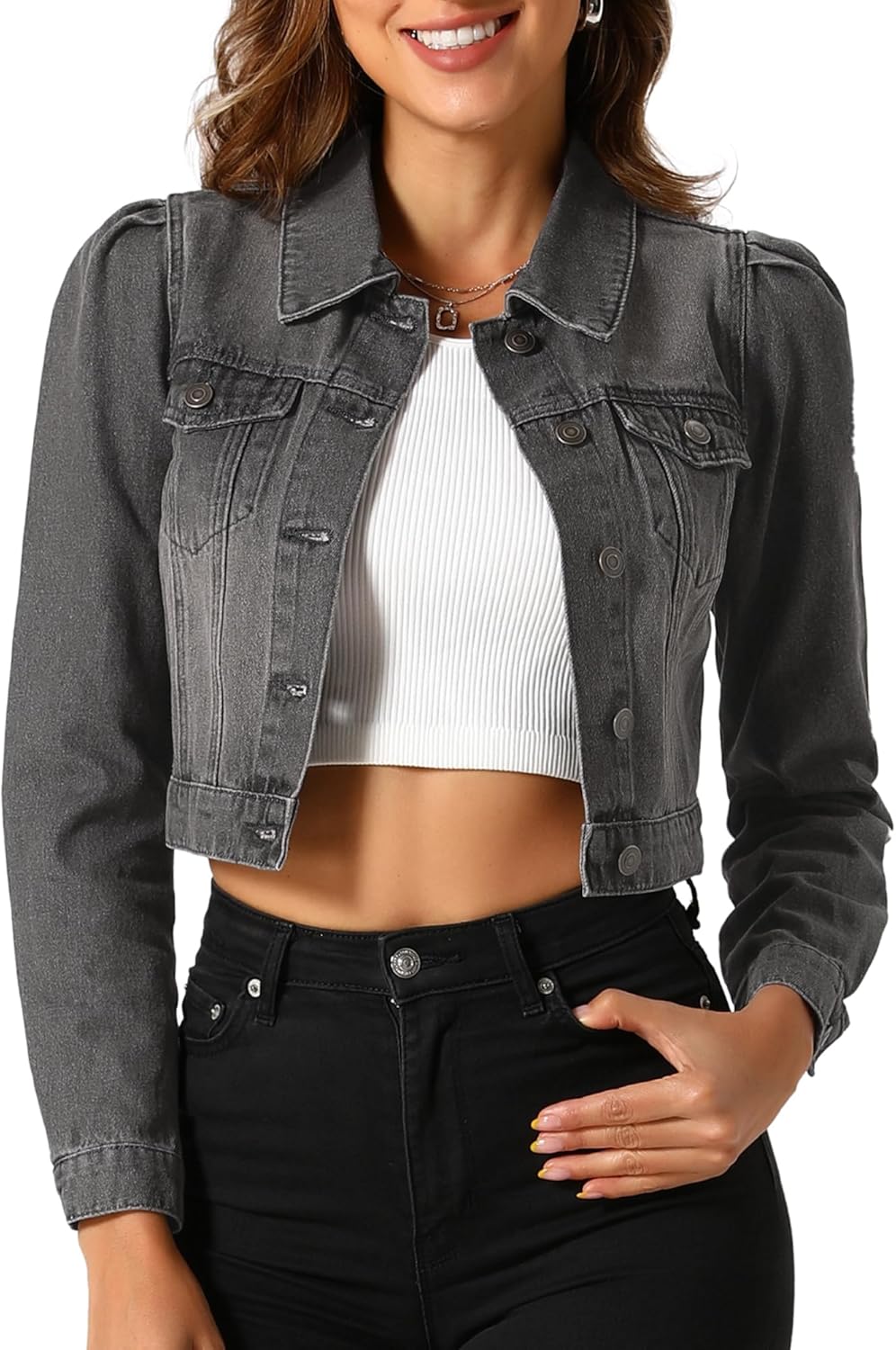 Allegra K Women's Denim Jackets Jean Puff Sleeve Button Up Cropped Jacket