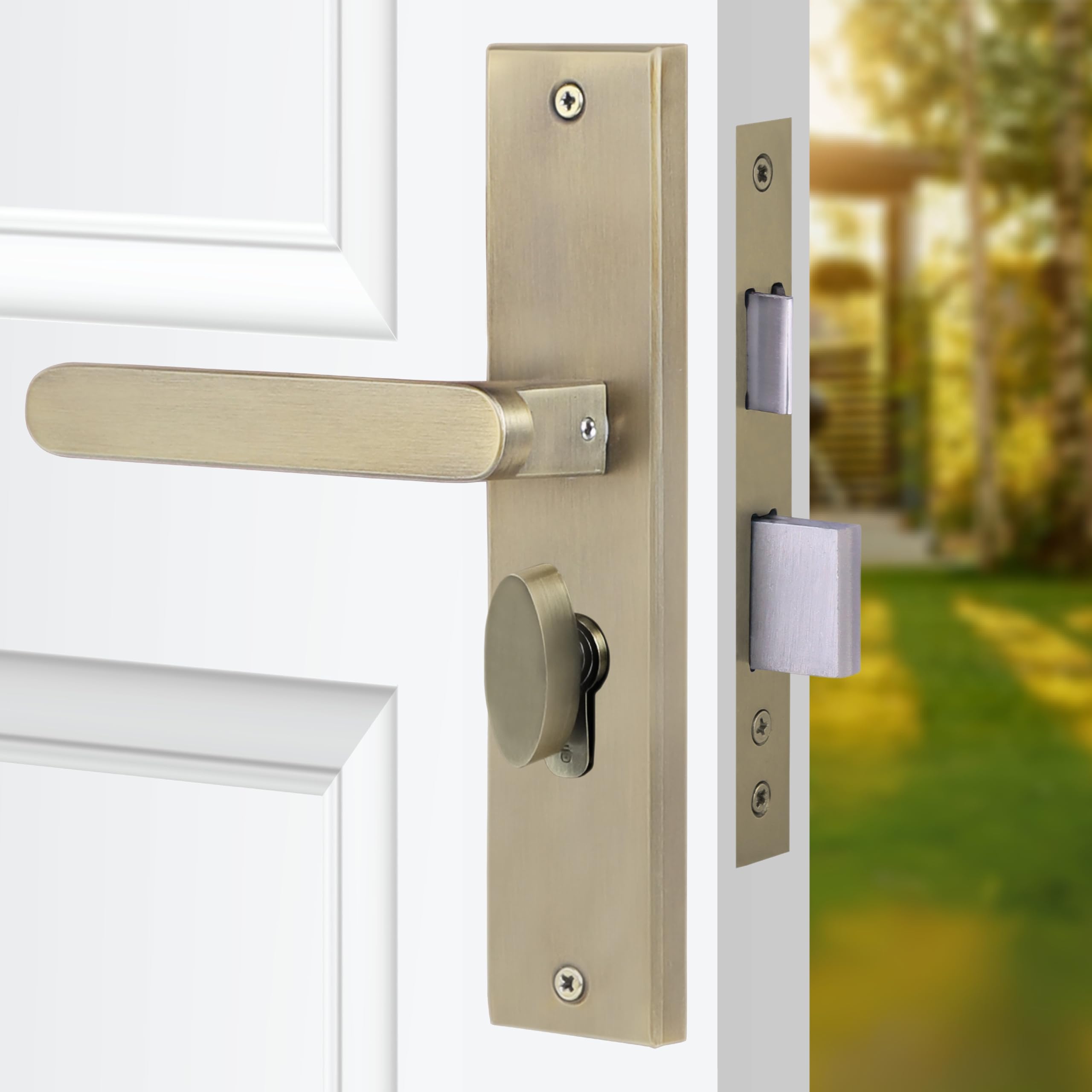 Blue Space Premium 8 Inch Cylindrical Plate Mortise Door Lock Handle Set with Brass Lock Body and One Side Key 60 mm Brass Cylinder with 3 Brass Computer Keys/Finish Antique Brass (LB304)