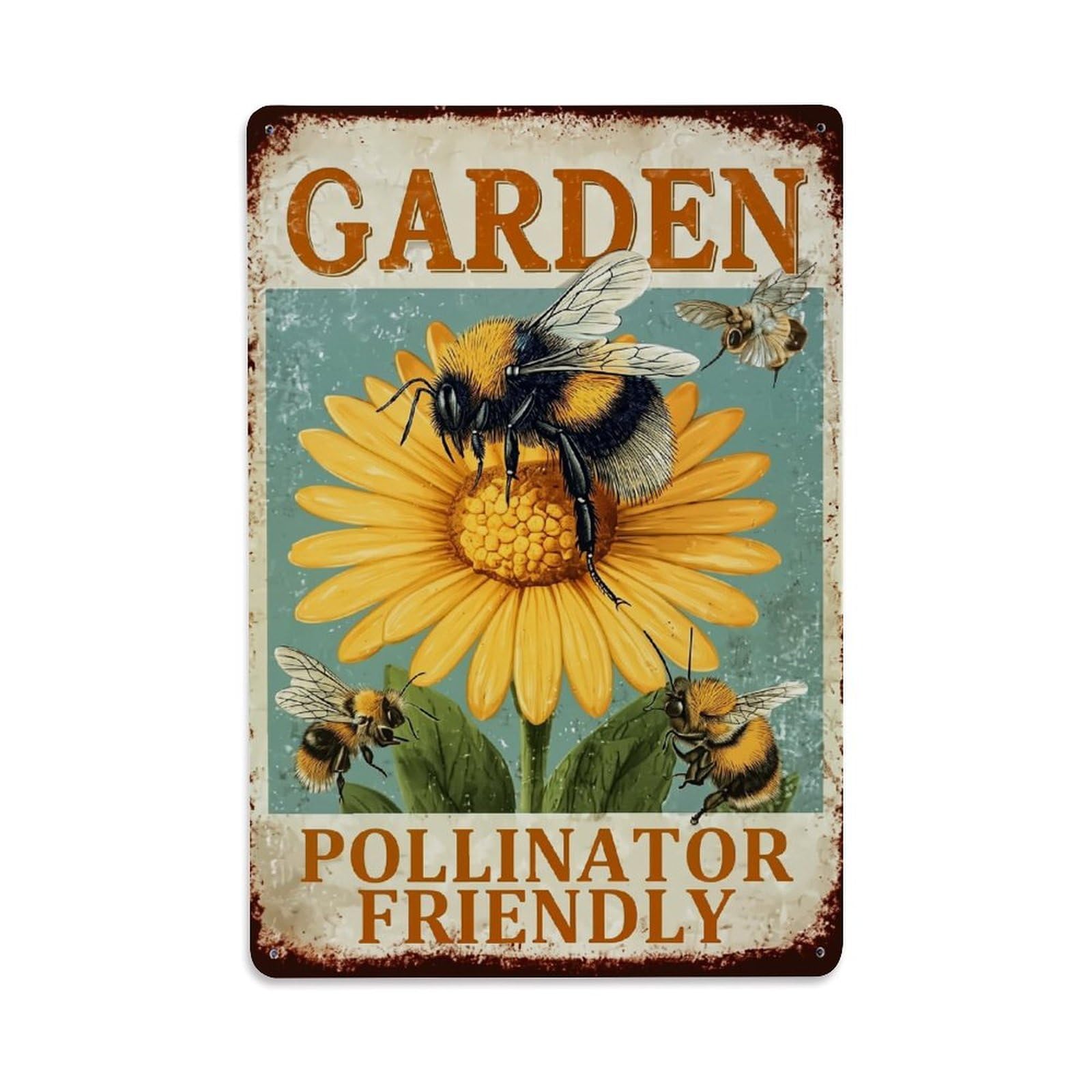 Bee Flower Garden Pollinator Friendly Retro Metal Tin Sign, Vintage Decor Art Poster for Bar, Home, Man Cave, Kitchen, Laundry Room Gift 8x12Inch