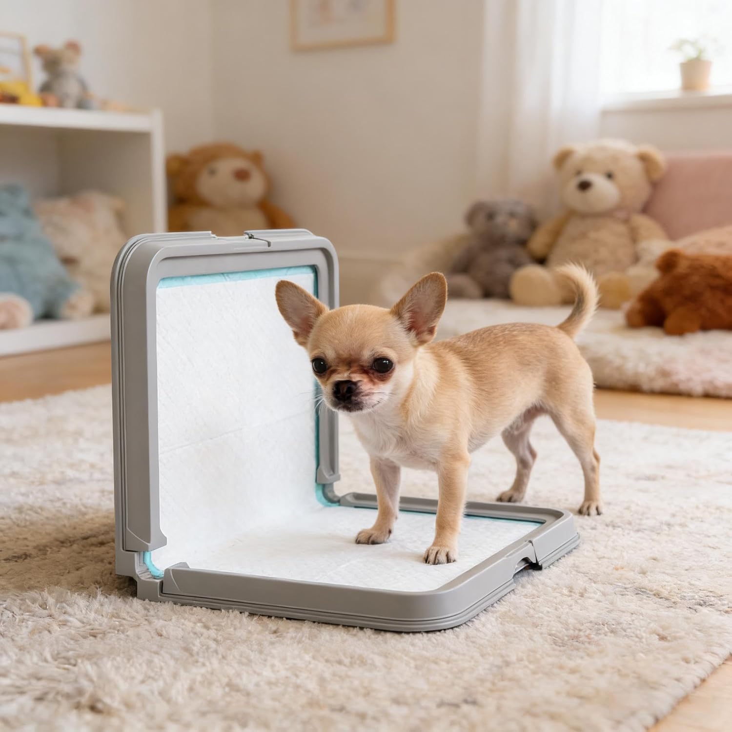Foldable Dog Pee Pad Holder, Indoor Potty Tray for Small Dogs with 3 Disposable Pads, Gray Non-Skid Potty Tray, Easy Clean, 33 x 24 x 1.9 Inches (1)
