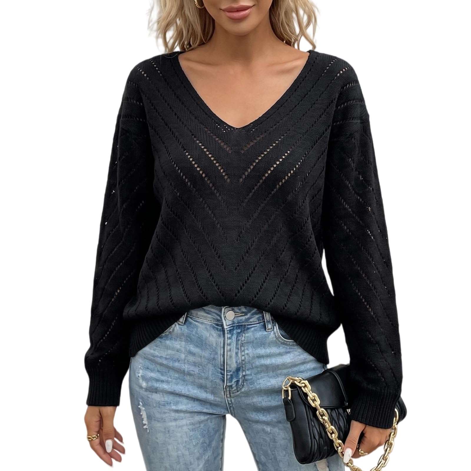 Maglione Donna Scollo V Traforato Spalla Caduta Casual