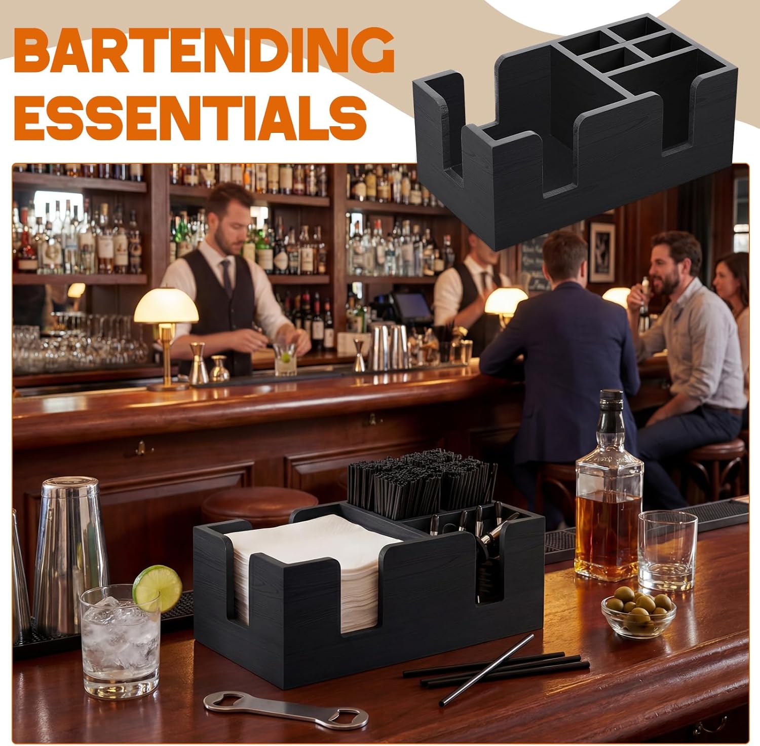 Mifoci Wooden Bar Caddy with 6 Compartments, Pinewood Bar Caddy Napkin & Straw Holder Organizer Cocktail Napkin Holder Condiments for Home Office Kitchen Countertop (Black,10.6 L x 5.5 W)
