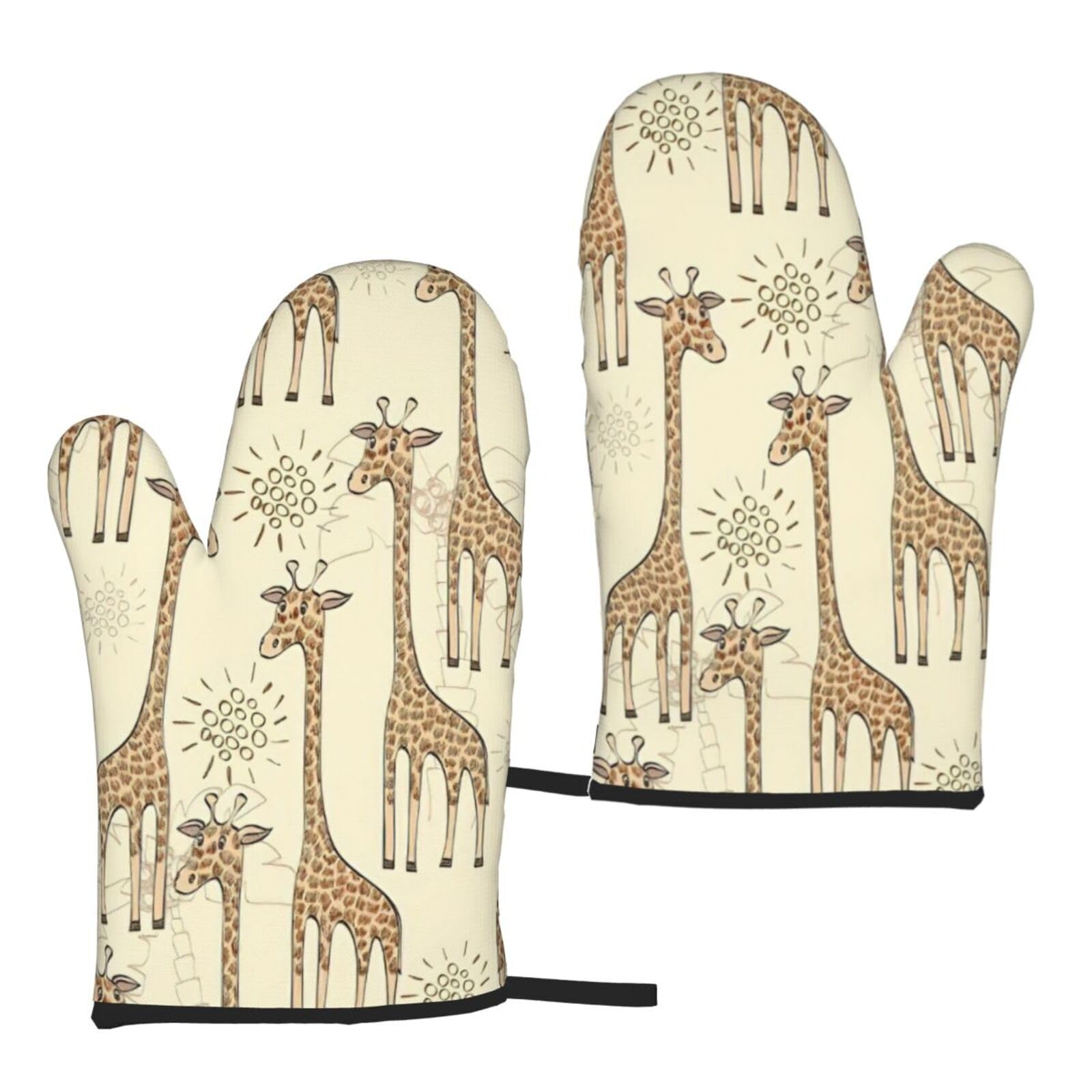 Nimongt Women's Black Hand Drawn Giraffes Print Adults Universal Fit Heat Resistant Oven Gloves Reusable Cooking Outdoor Grilling