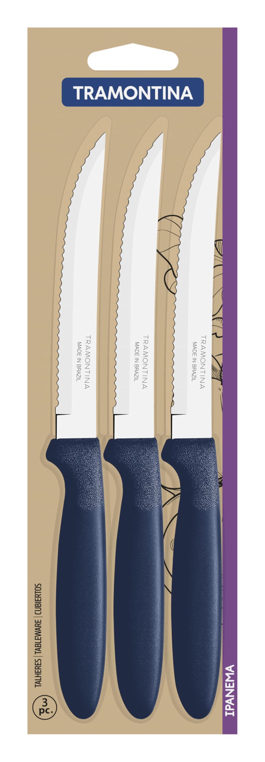 Tramontina Set de 3 Cuchillos para Carne Acero Inoxidable Ipanema Azul Oscuro