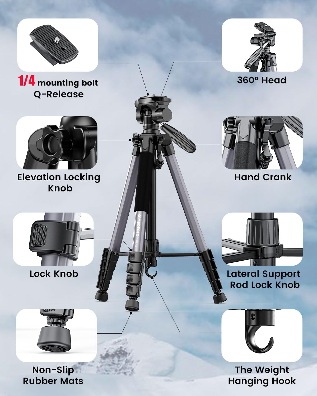 CAMBOFOTO Trépied professionnel robuste en aluminium pour appareil photo sans miroir/DSLR/téléphone portable/caméscope, avec support et sac de voyage Gris métallisé 188 cm