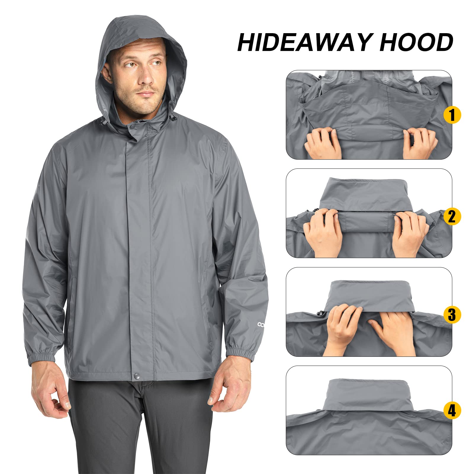 33,000ft Veste de pluie légère imperméable pliable avec capuche pour vélo Coupe-vent Camping Outdoor, gris, XL