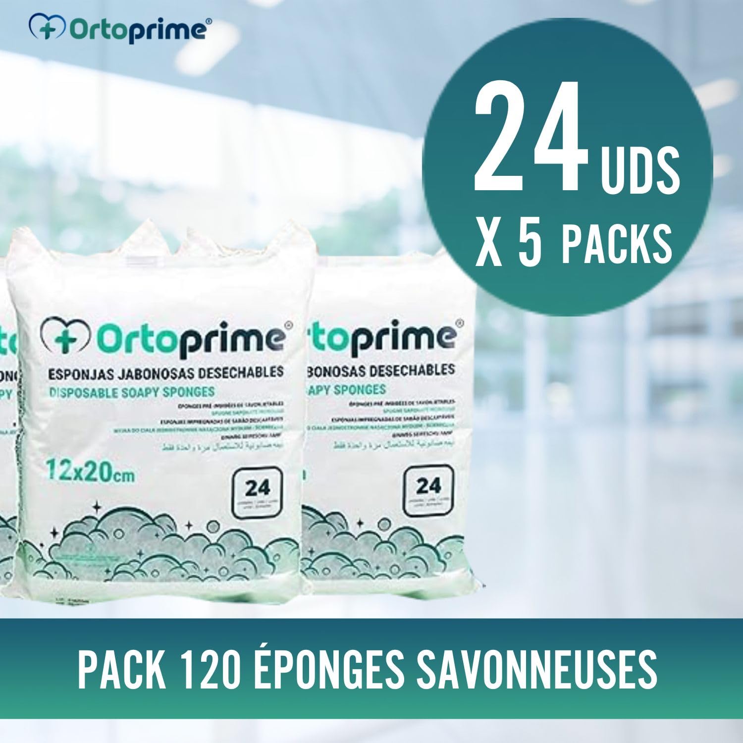 OrtoPrime 120 Éponges Savonneuses Jetables pour bébés, enfants et adultes -Gants de Toilette Jetables à Usage Unique -Gant toilette jetable pour Peau Sensible- Pack de 5 x 24 Éponges avec Savon.