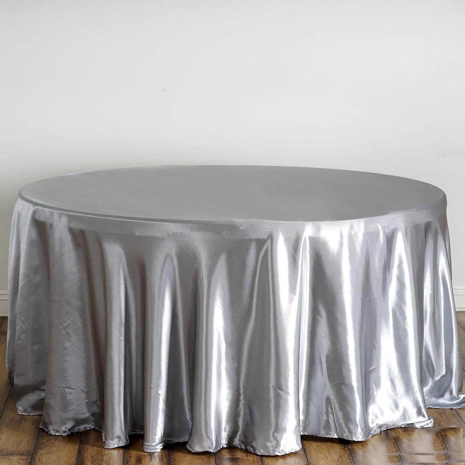 Efavormart 120'' Silver Satin Round Tablecloth