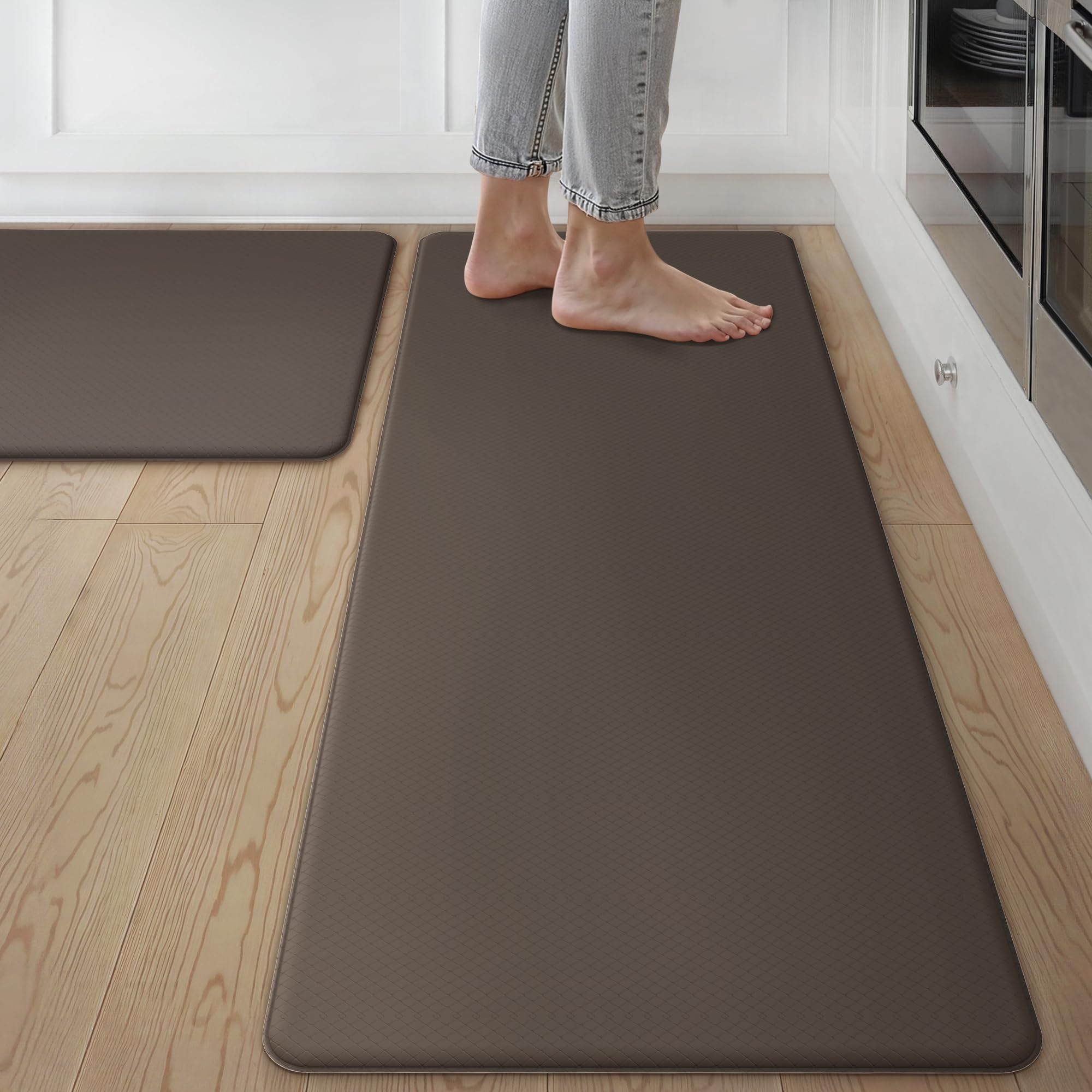 genimo kitchen mats for floor 2pcs, washable anti fatigue mat for cushioned, 17.3"x47"+17.3"x30", waterproof kitchen rugs, non slip comfort standing mat rug for home, sink, laundry, chocolate brown