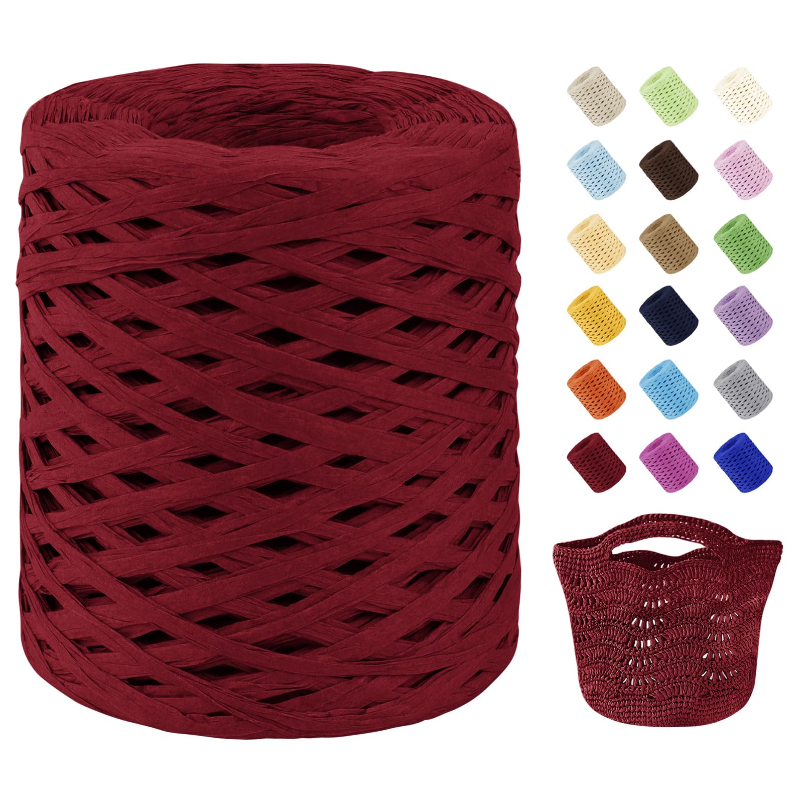 Uiopa Raffia Ribbon for Crochet, 3mm x 200m Raffia Paper Ribbon Straw Crochet Yarn for Crocheting Beach Bags, Sun Hats, Home Decor, DIY Crafts (Red)