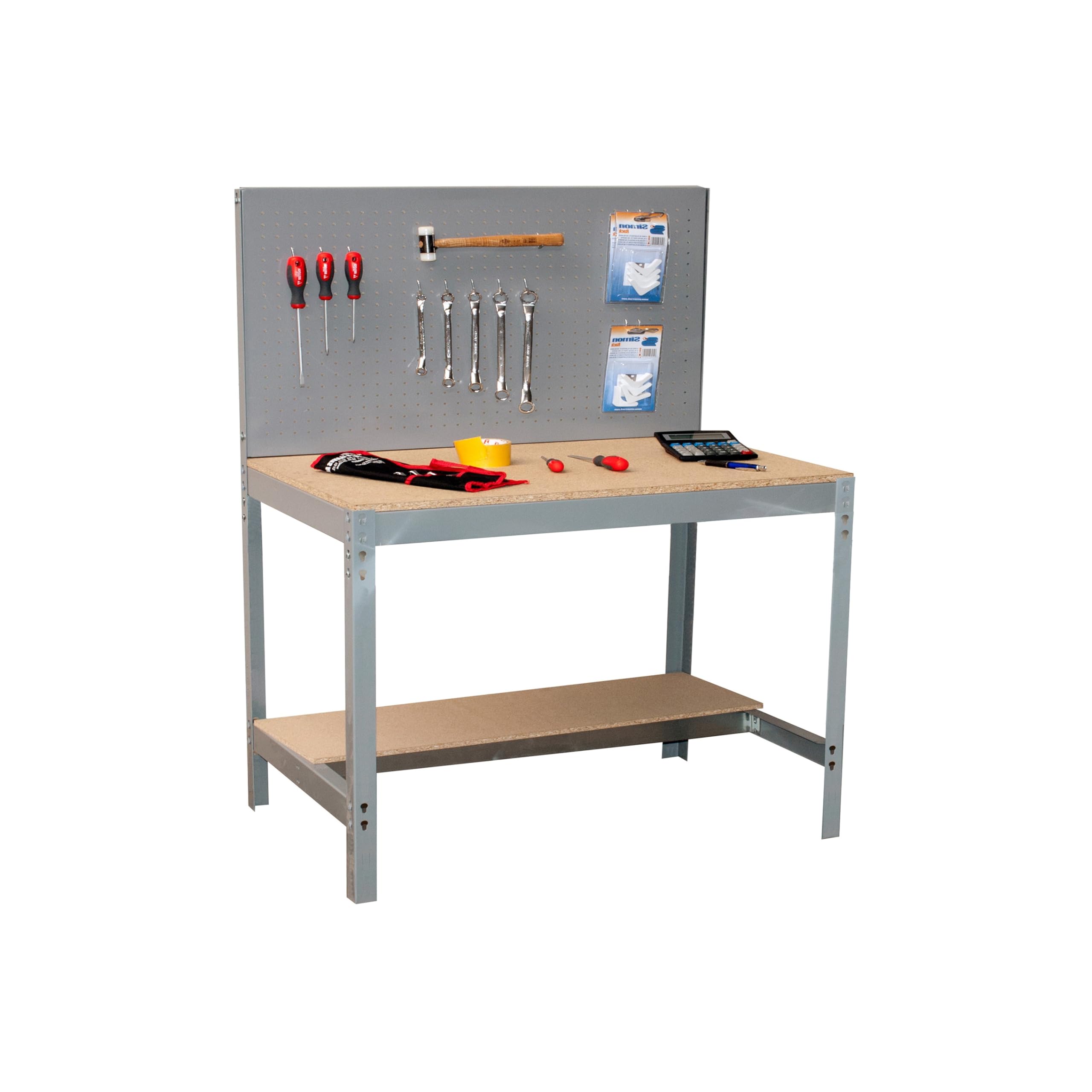 SimonRack Werkbank 400 kg Belastbarkeit, 144,5x91x61 cm, Große Arbeitsfläche Arbeitsfläche, Arbeitstisch, Holz-Arbeitsplatte, Grau/Holz - BT2 | Holzplatte 16 mm, Tragfähigkeit 400 kg, Korrosionsschutzlackierung, Klicksystem-Montage, Grau