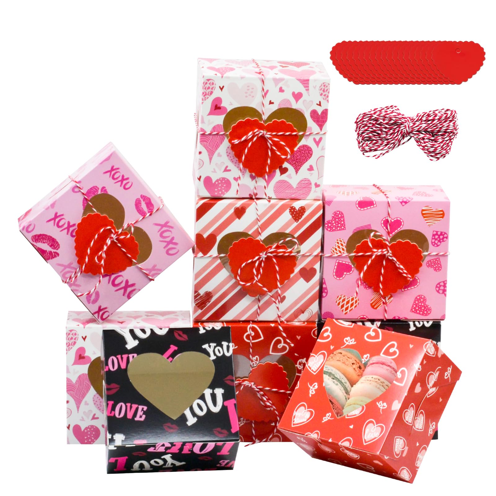 OYEL 24 Pcs Valentines Day Bakery Treat Boxes Valentines Cookie Boxes with Heart Shaped Transparent Window Valentines Cupcake Boxes with Tags and Ropes,for Holiday Pastries Gift Giving