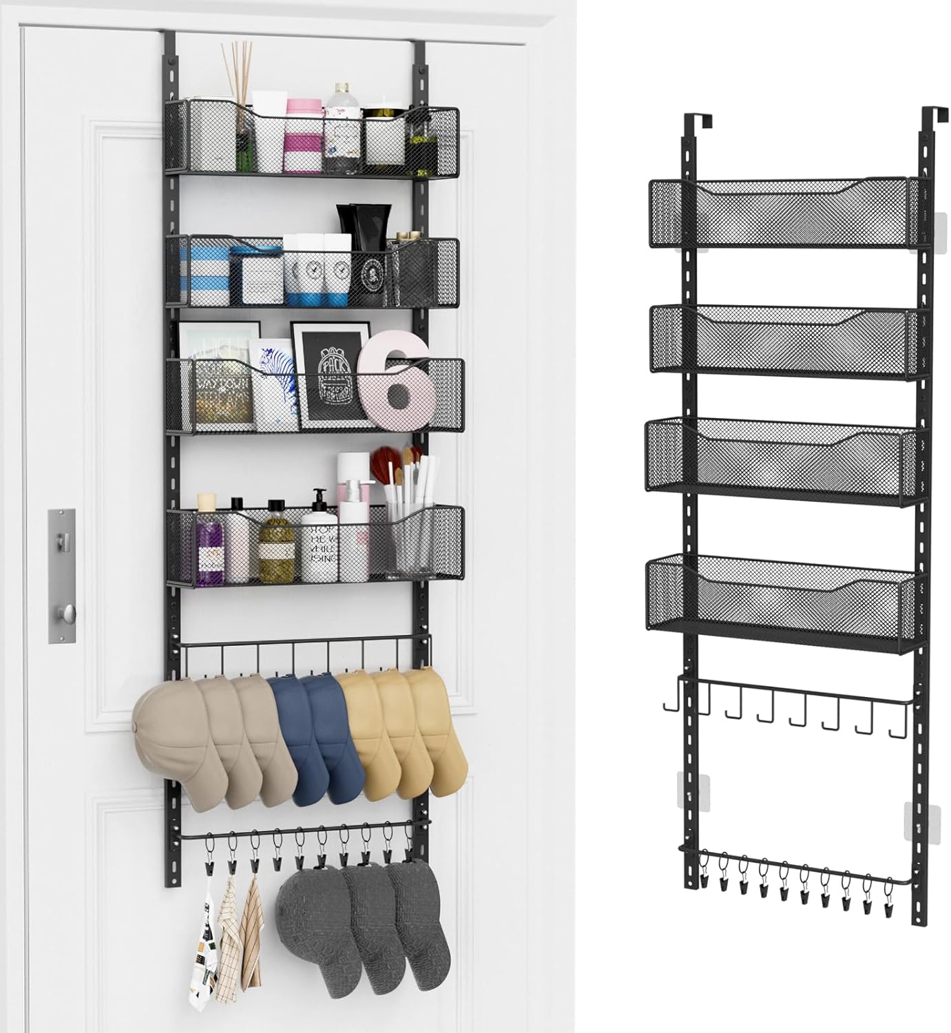 Over the Door Organizer, 2 in 1 Metal Hanging Closet Organizer & Hat Rack with 4 Adjustable Baskets, 8 Hooks, 10 Clips, Behind The Door Storage for Bedroom, Bathroom, Entrance, Closet, Kitchen, White