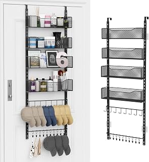 Over the Door Organizer, 2 in 1 Metal Hanging Closet Organizer & Hat Rack with 4 Adjustable Baskets, 8 Hooks, 10 Clips, Behind The Door Storage for Bedroom, Bathroom, Entrance, Closet, Kitchen, Black