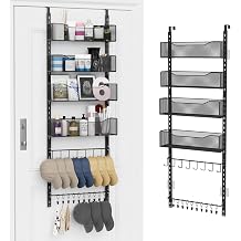 Over the Door Organizer, 2 in 1 Metal Hanging Closet Organizer & Hat Rack with 4 Adjustable Baskets, 8 Hooks, 10 Clips, Behind The Door Storage for Bedroom, Bathroom, Entrance, Closet, Kitchen, Black