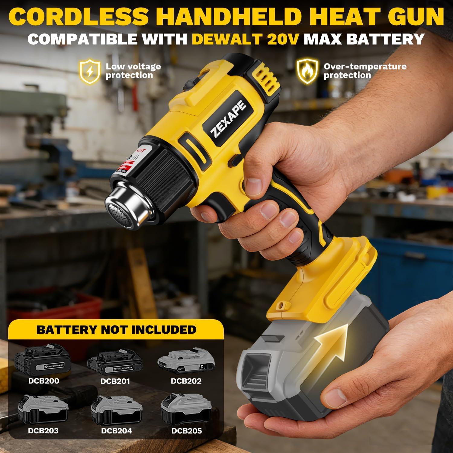 Cordless Heat Gun Compatible with Dewalt 20V Battery, 350W Fast Heating Soldering Gun with LED Light, 122℉-1022℉ Variable Temperature with 5 Nozzles for DIY Craft, Shrink Tubing (Tool Only)