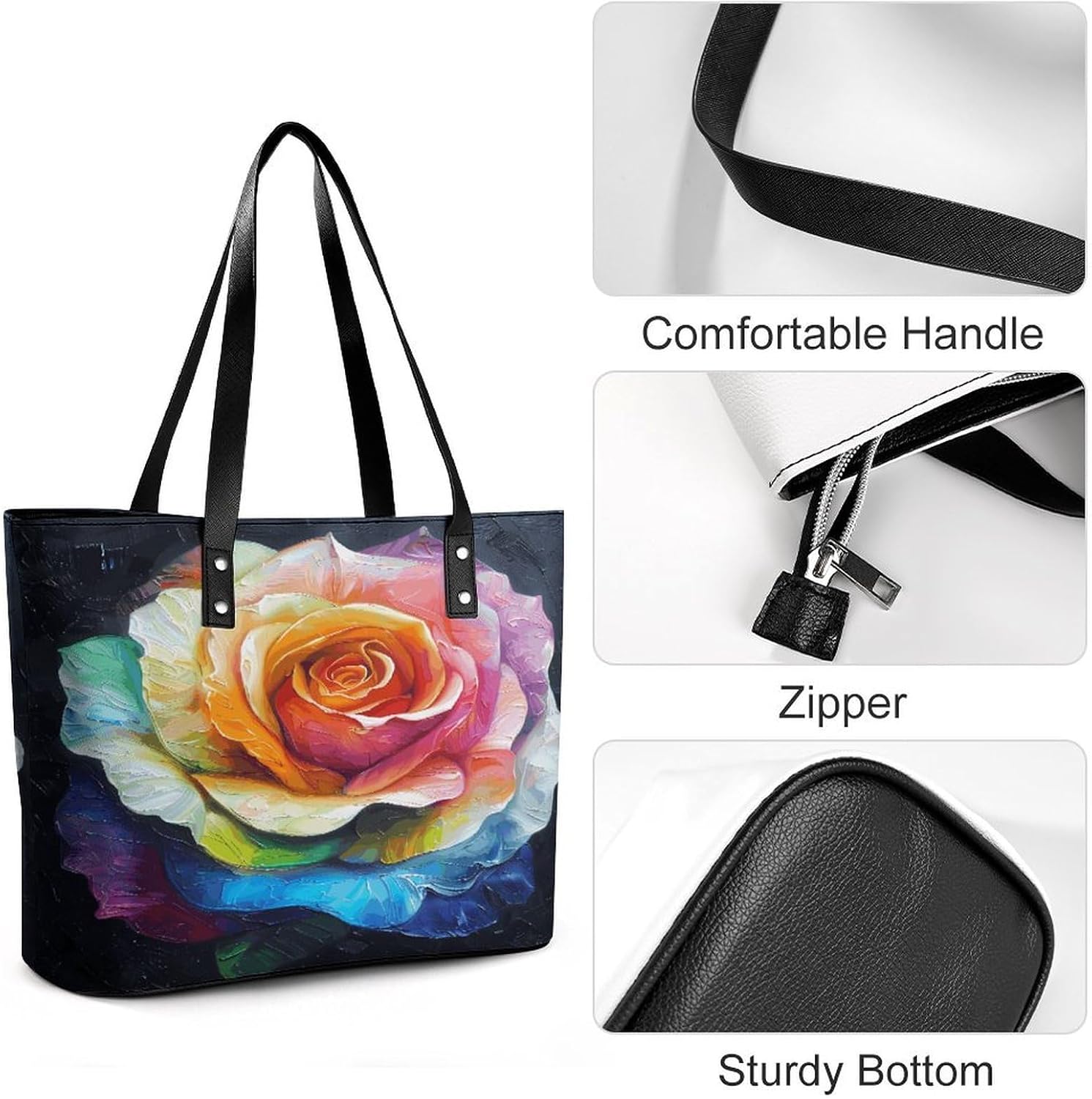 Rainbow Rose Tote Bag with Reinforced Bottom & Handles,Gym Bag Durable And Tip-proof,Weekender Bag to Top Zipper Closure,Daily Essentials