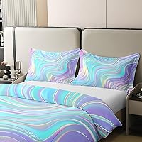 Vista 4 de Juego de ropa de cama de 100 % algodón pastel arcoíris con rayas abstractas onduladas, funda de edredón brillante, turquesa, azul, rosa, morado